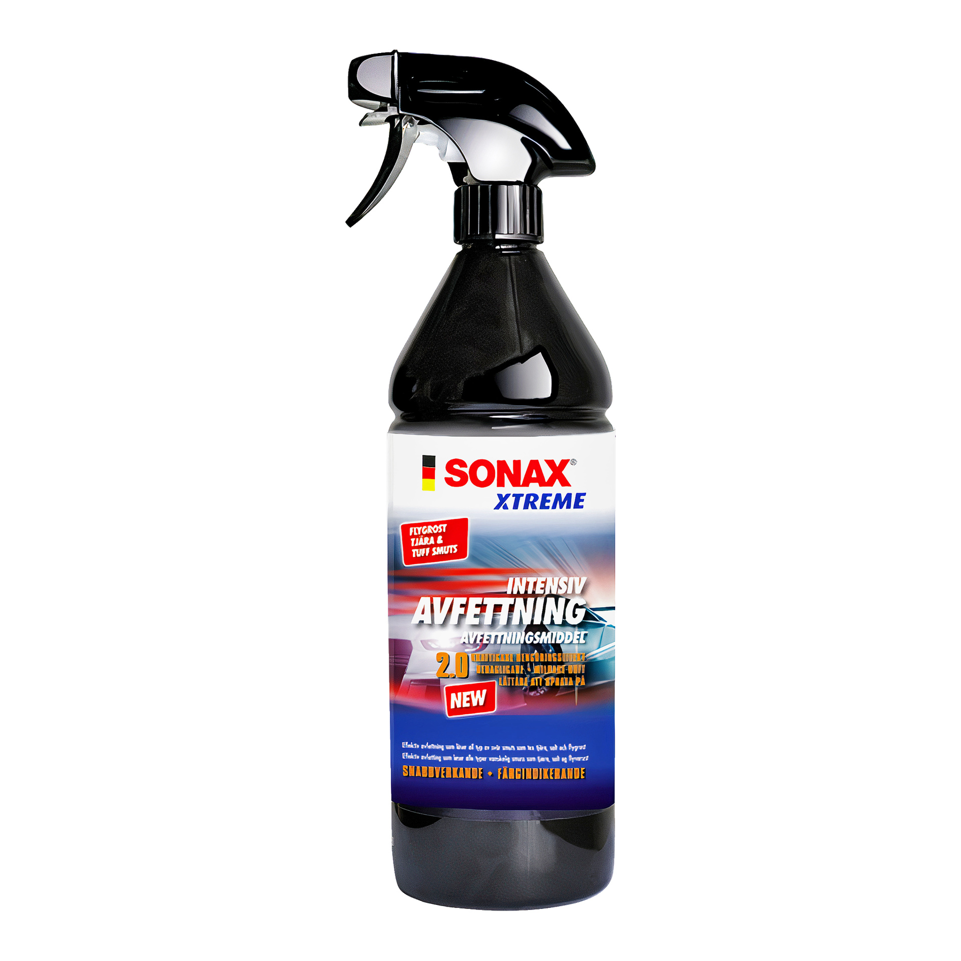 En svart sprayflaska märkt Sonax Degreaser Xtreme, med produktdetaljer och en bilbild på framsidan. Förpackningen betonar dess kraft i att ta bort tjära och segt smuts.