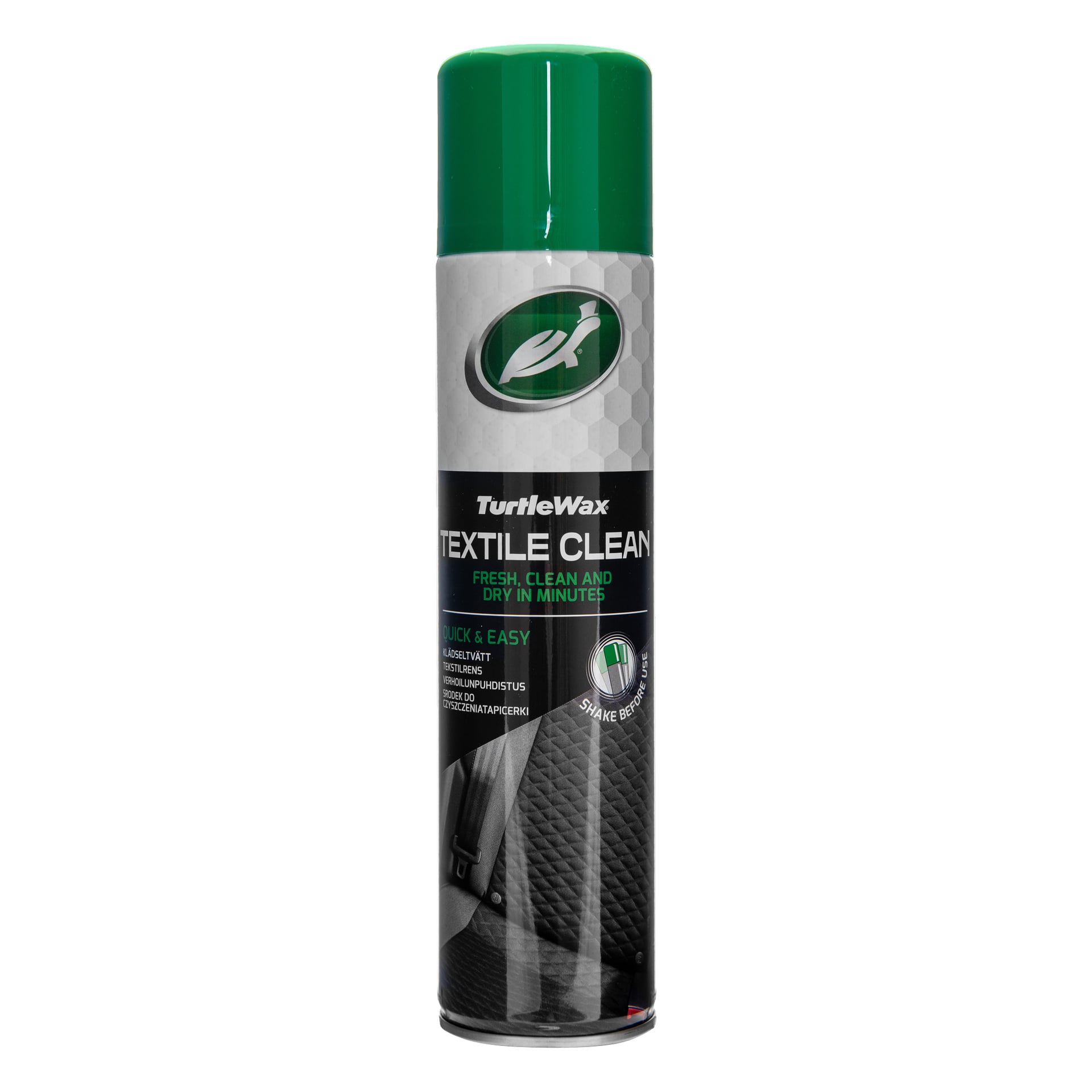 En burk Turtle Wax Textile Clean med grön lock, etikett som visar varumärke, instruktioner, funktioner och bild på en bilbarnstol.