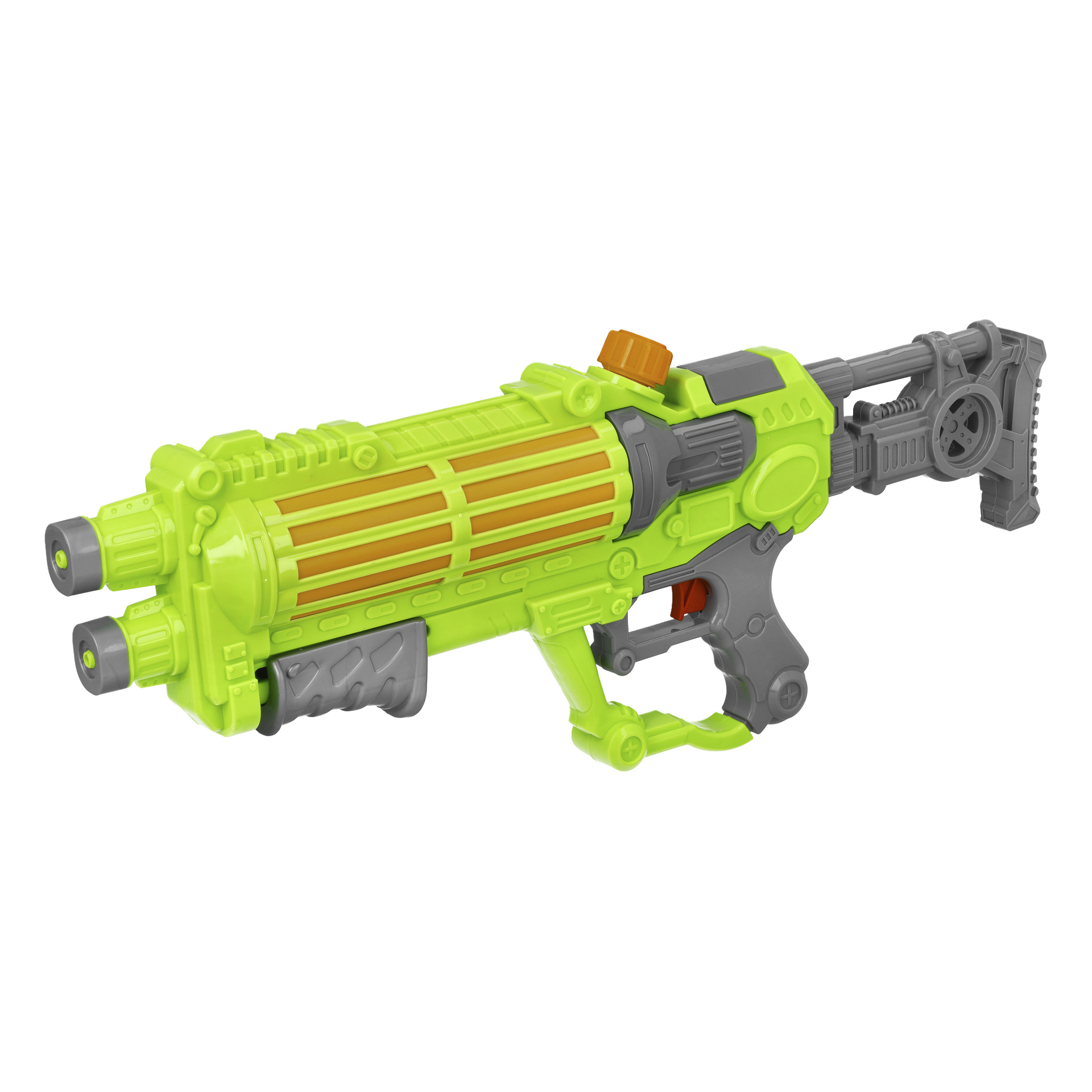 Kayoba Water Pistol är en leksaksblaster i klargrönt och grått, designad med två pipor, orange avtryckare och justerbar bakre kolv. Den har orange och silverfärgade detaljer och har ett texturerat framhandtag för bättre grepp.