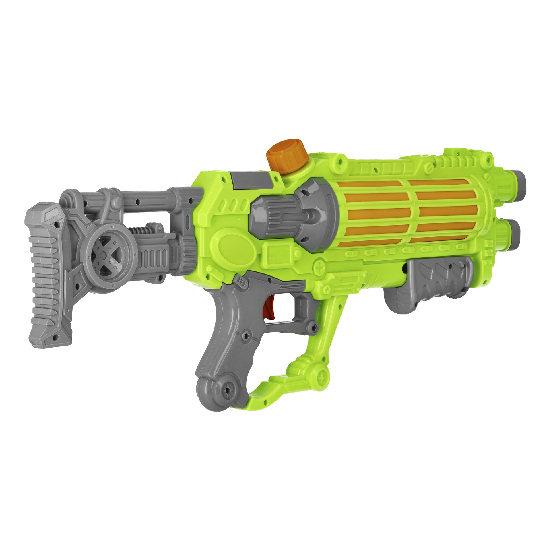 En Kayoba plastvattenpistol i grönt och grått med orange detaljer, som visar en sci-fi-inspirerad design, ergonomiskt grepphandtag och en skruvkapsyl på toppen.