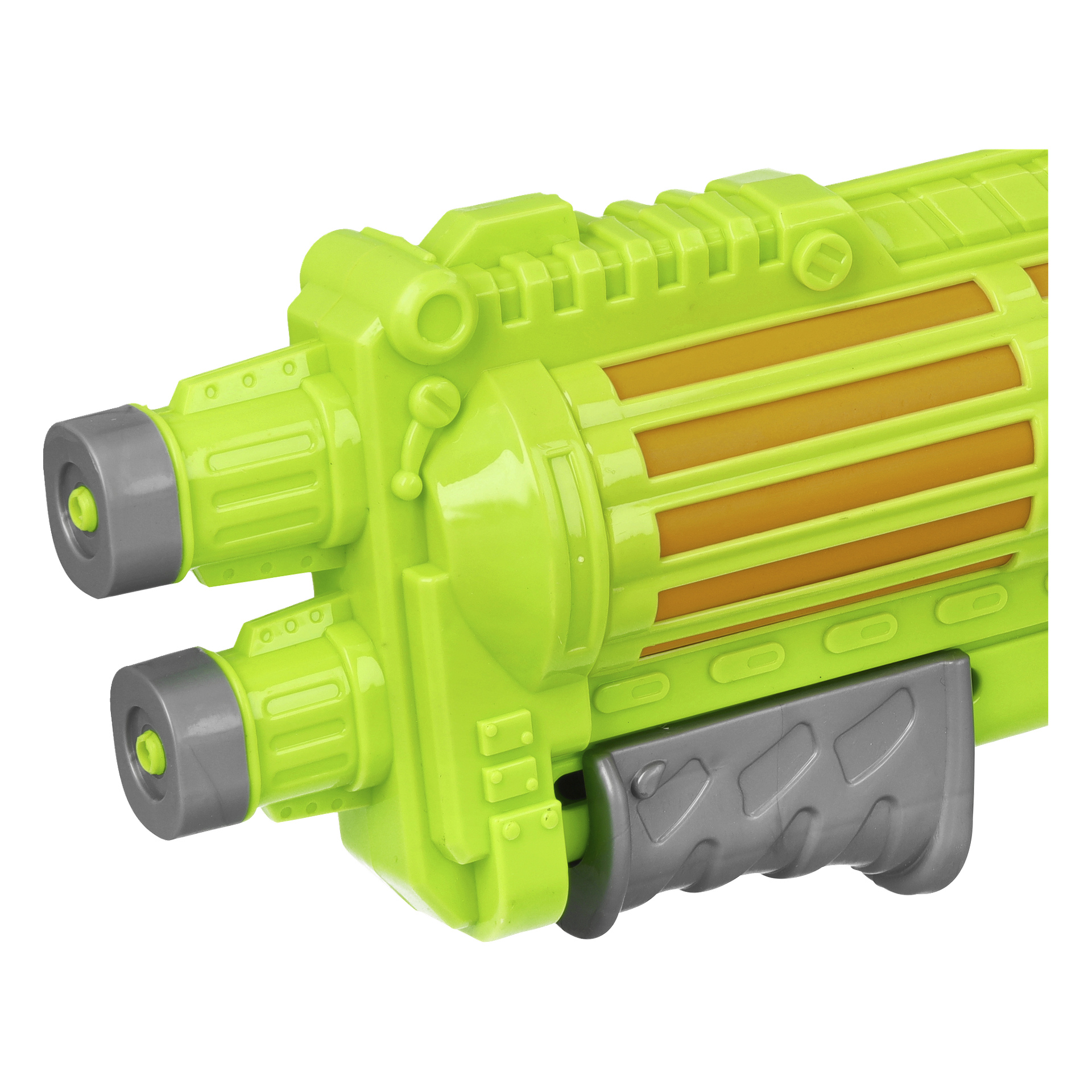 En närbild av Kayoba Water Pistol, en plastblaster i neongrönt och orange med grått handtag och dubbla pipor, som visar texturerade detaljer och intrikata designdetaljer.