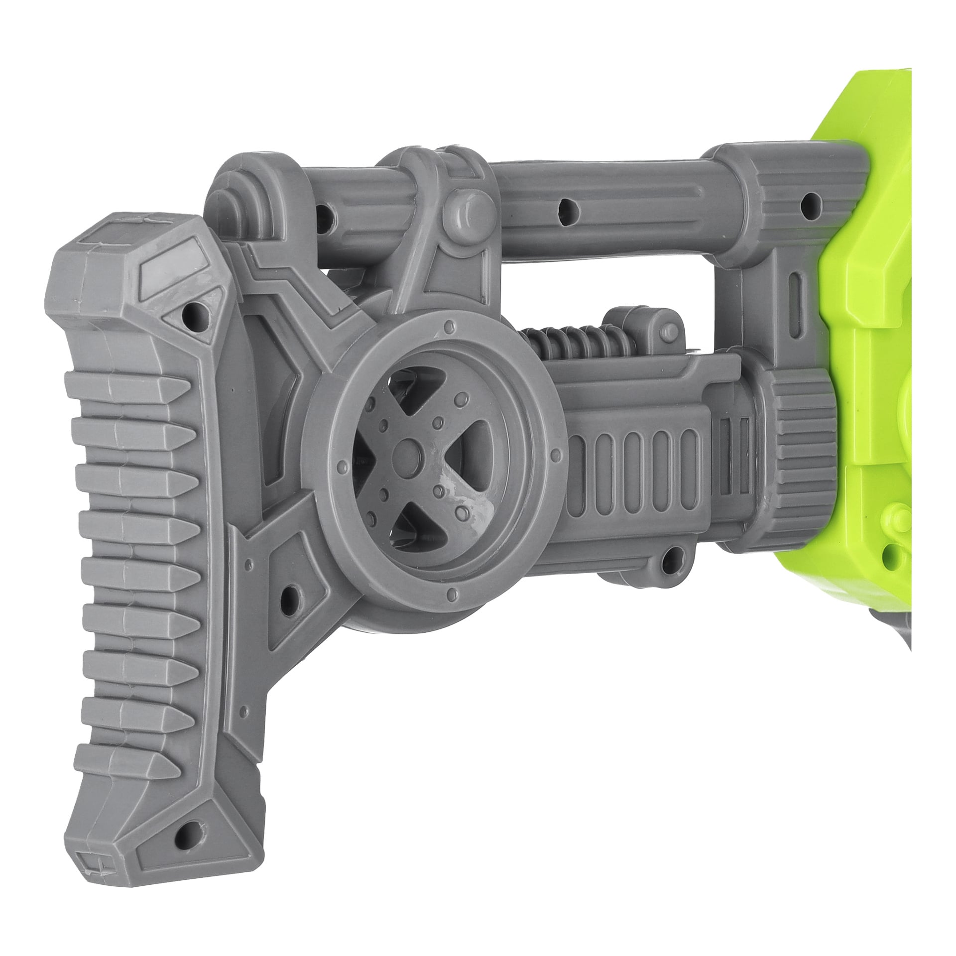 Närbild på en grön Kayoba Water-pistol med grå plastkolv, som visar de formgjutna mekaniska detaljerna och skarpa, kantiga designelementen.