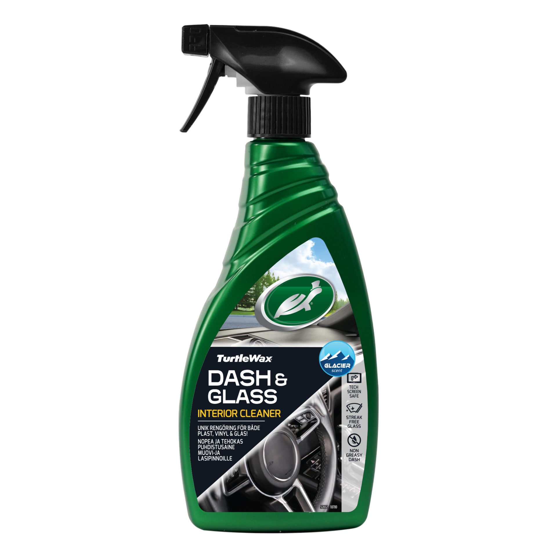 En grön sprayflaska för Turtle Wax Dash & Glass Cleaner med svart avtryckare, som visar en etikett som lyfter fram produktdetaljer, en glaciärdoftsymbol och en bild av bilens instrumentpanel och ratt.