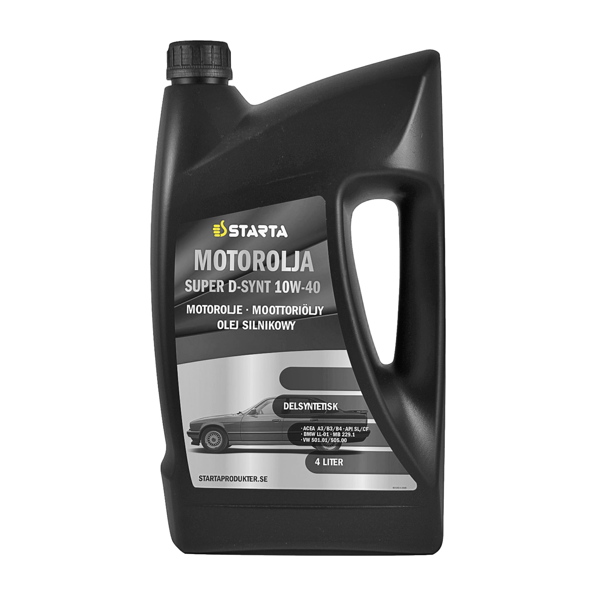 En svart 4-liters behållare med Starta semisyntetisk motorolja med en etikett med produktdetaljer och en bild av en bil framtill.
