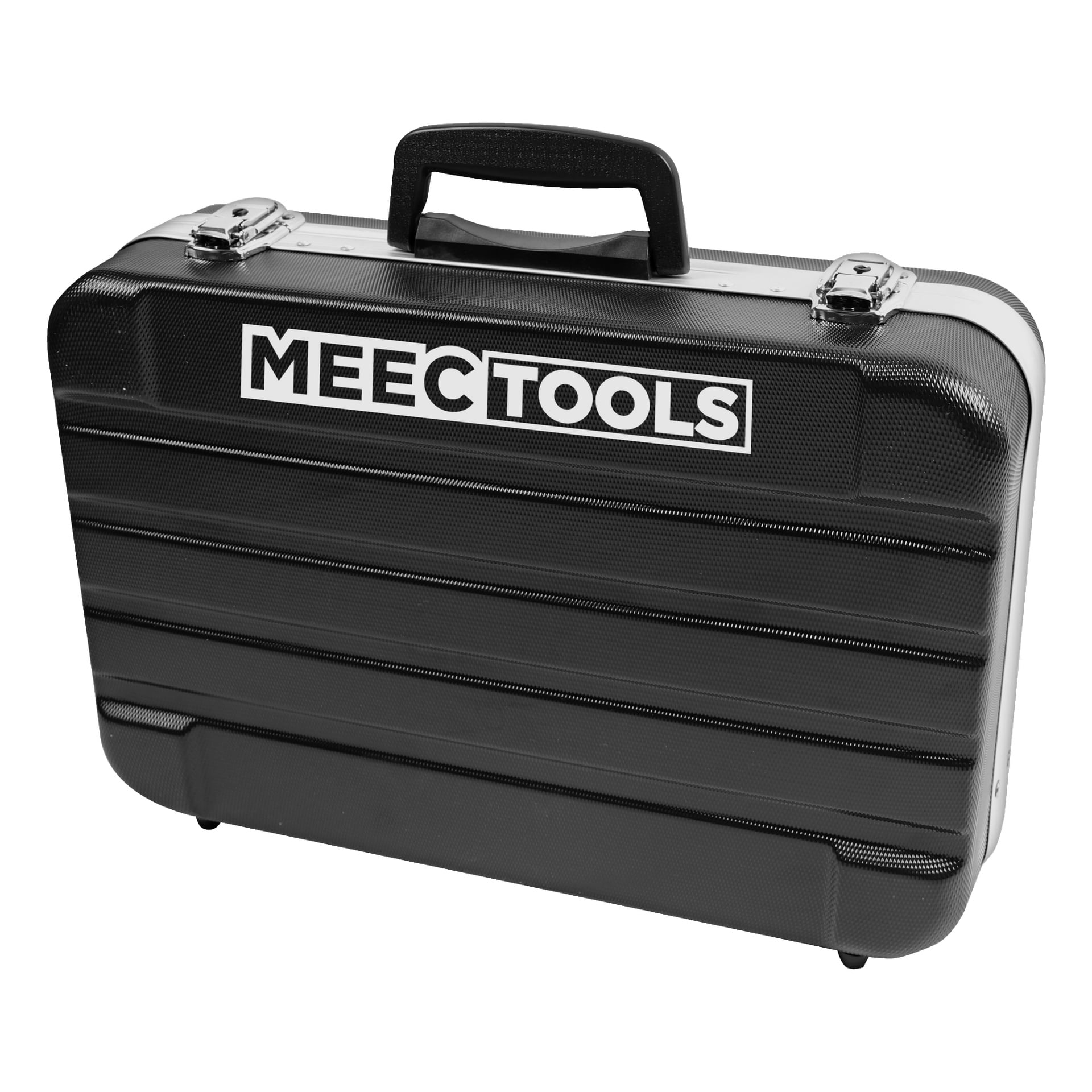 Ett robust svart Meec Tools hårdskalsverktygsfodral med 161 delar, designat med bärhandtag, metalllås och Meec Tools-logotypen på framsidan. Fodralets yta är texturerad och har horisontella åsar för att förbättra greppet.