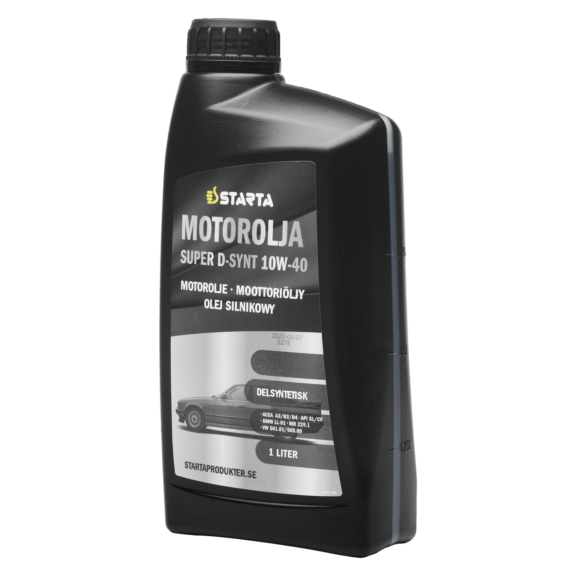 En 1-liters svart plastflaska med Starta halvsyntetisk motorolja, med Super D-Synt 10W-40-etiketten. Framsidan visar produktdetaljer och en bilgrafik.