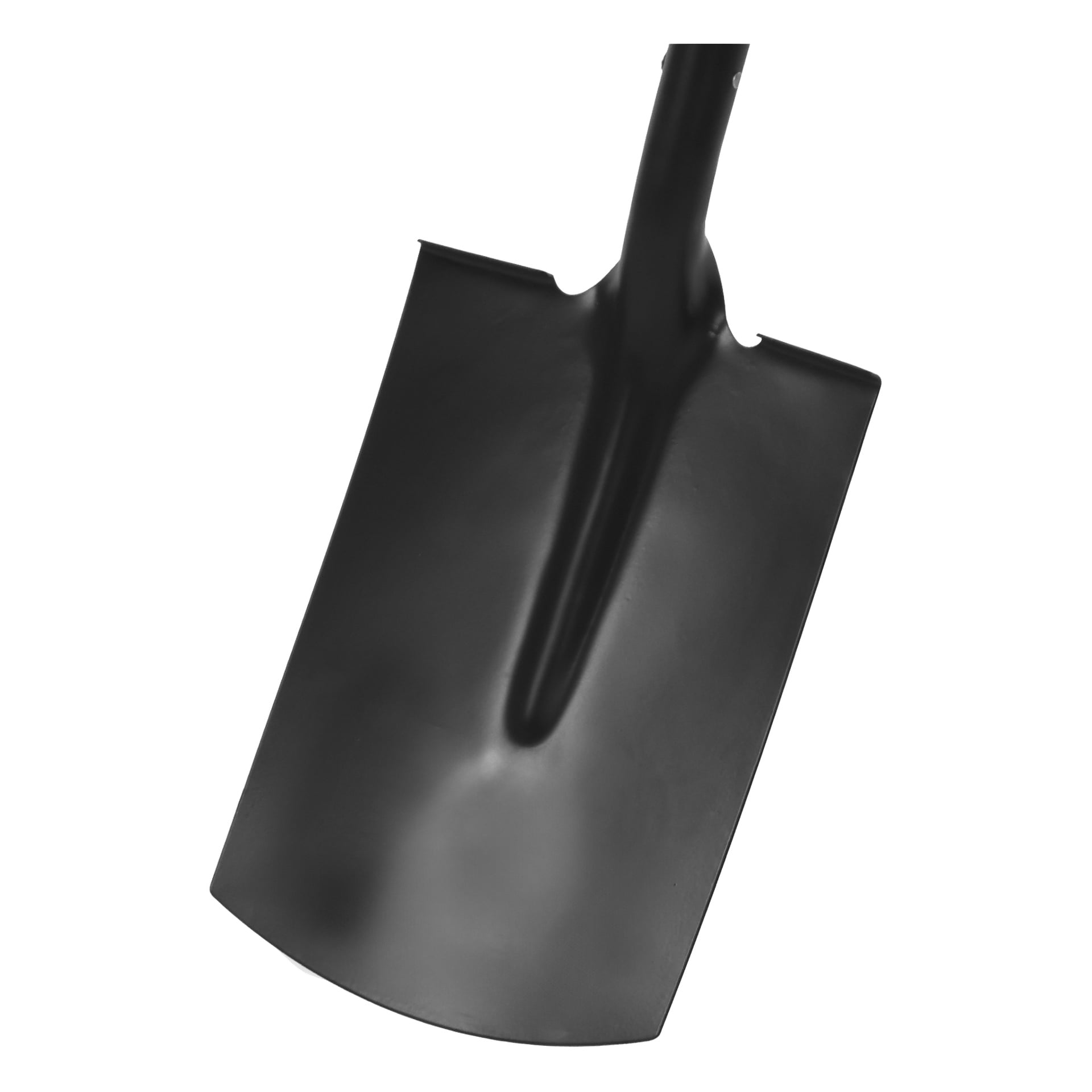 En närbild av Hard Head Edging Spade framhäver dess svarta, lätt böjda metallblad med en central ås.