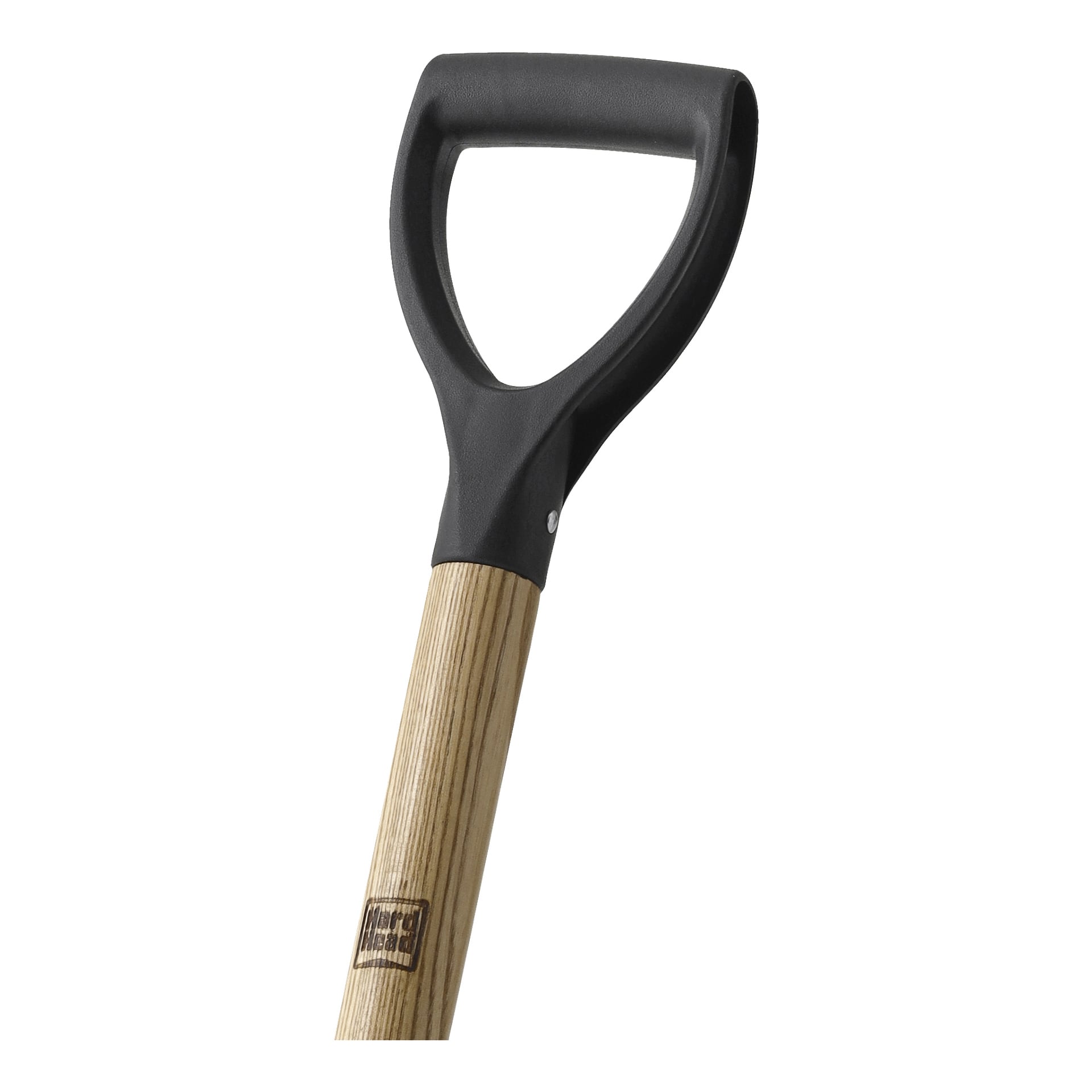 Närbild på Hard Head Digging-spadens handtag, som visar ett svart plastgrepp med D-grepp och ett blekt träskaft med synlig ådring. En liten Hard Head-logotyp är stämplat nära toppen av skaftet.
