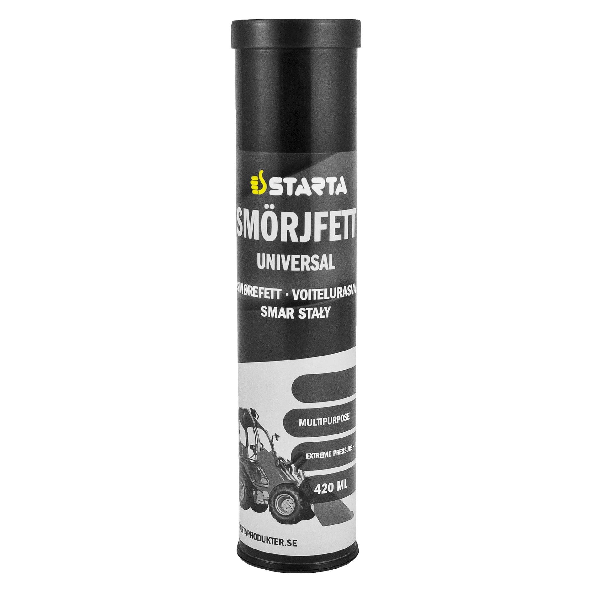 Ett 420 ml svart och grått rör Starta Lubrication Universal som visar olika produktdetaljer och en bild på byggutrustning på etiketten.