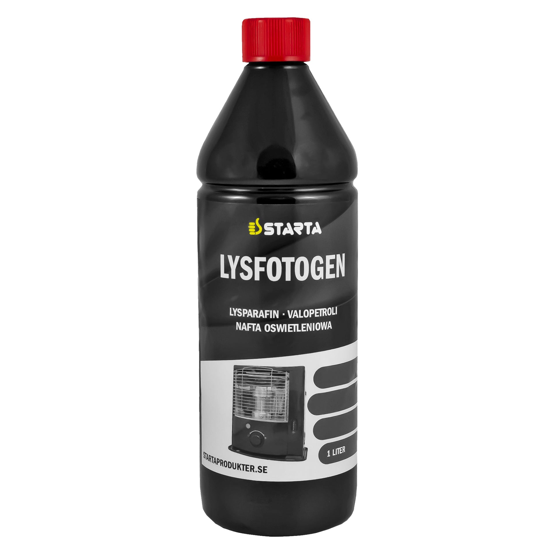 En 1-liters svart plastflaske med Starta Parafin med rød kork. Etiketten inneholder produktdetaljer og et bilde av en bærbar varmeovn.