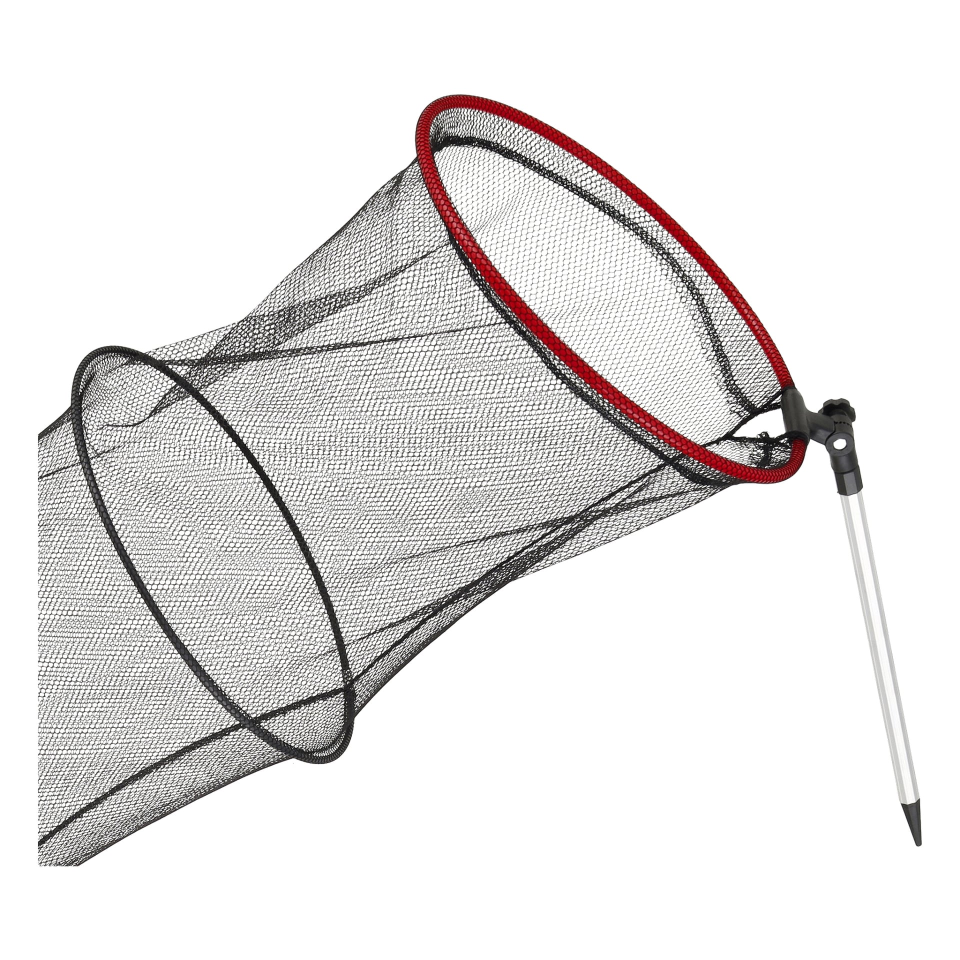 En Kayoba Folding Corf, formad som en cylinder och gjord av svart nät, har röd kant runt öppningen. Den inkluderar ett silverfärgat teleskophandtag som fästs med en svart kontakt. Håvet smalnar av mot basen och är avsett för fiske.