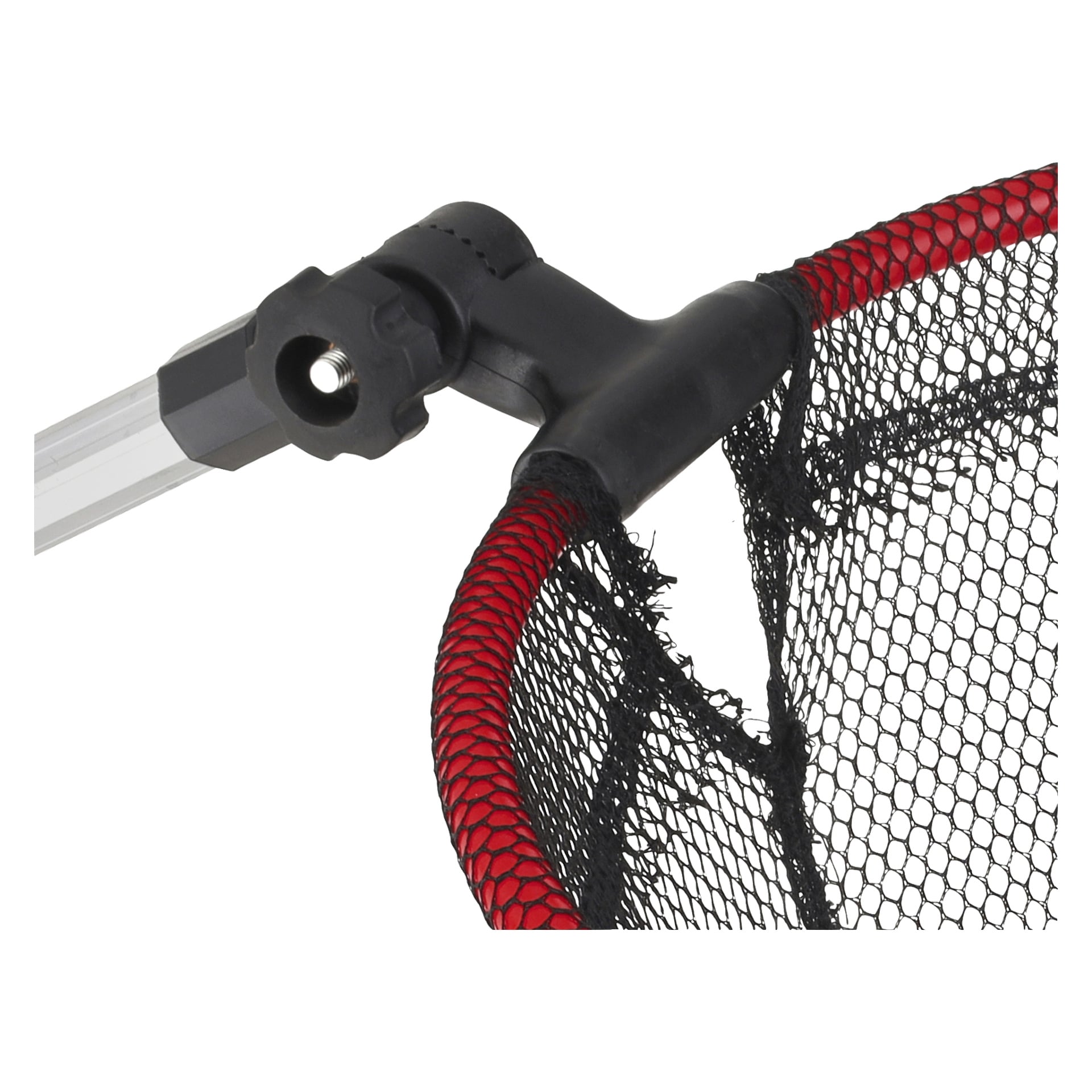 En detaljerad närbild av Kayoba Foldable Corf visar dess röda metallram, svarta nätnät och ett silverhandtag förenat med en svart plastkontakt.