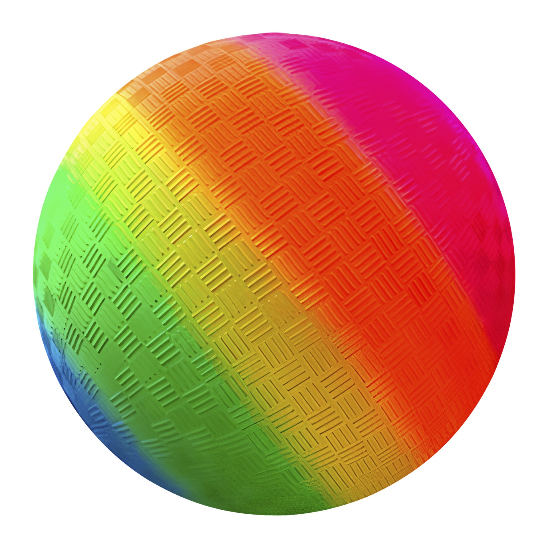 En Kayoba-boll med en texturerad gummiutsida och diagonala ränder i nyanser av grönt, gult, orange, rött och rosa.