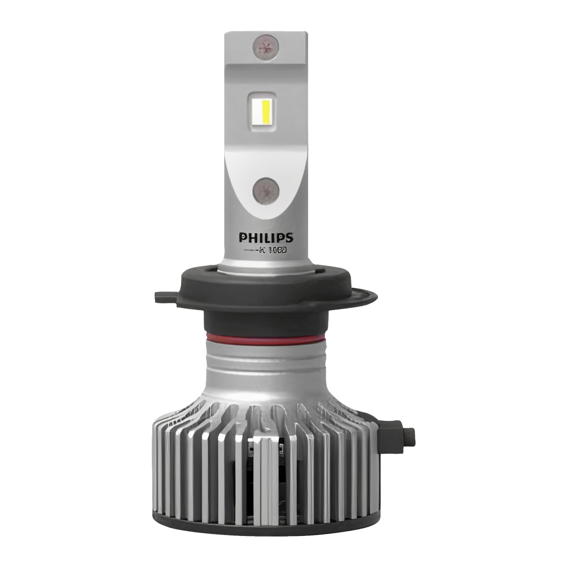 En detaljerad vy av en Philips LED Ultinon Pro6000 Standard bilstrålkastarlampa, med en silverfärgad kylfläns, ett platt LED-chip placerat högst upp och en svart fästring vid basen.