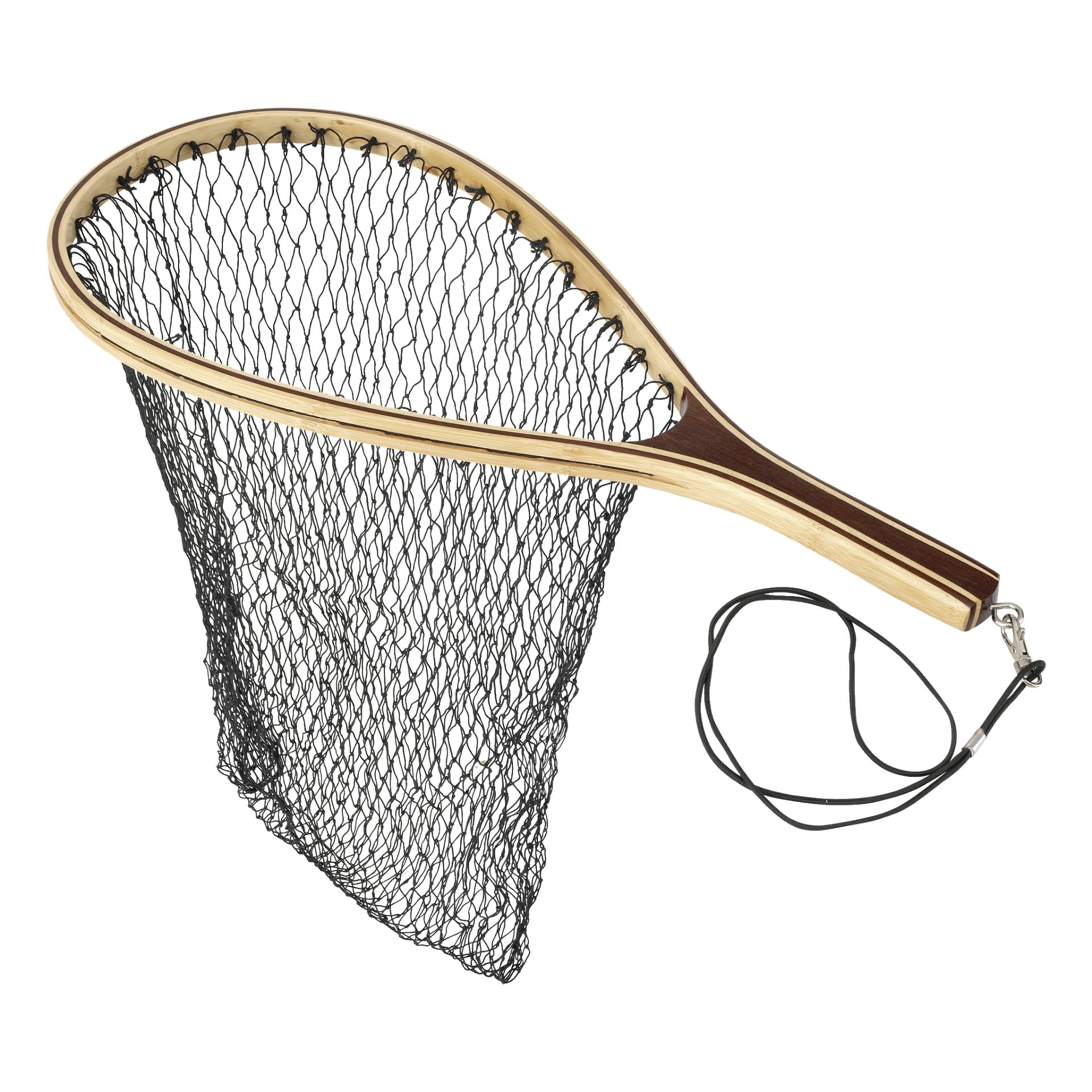 Kayoba Fishing Net har ett trähandtag, svart nät och ett fastsatt handledsband.