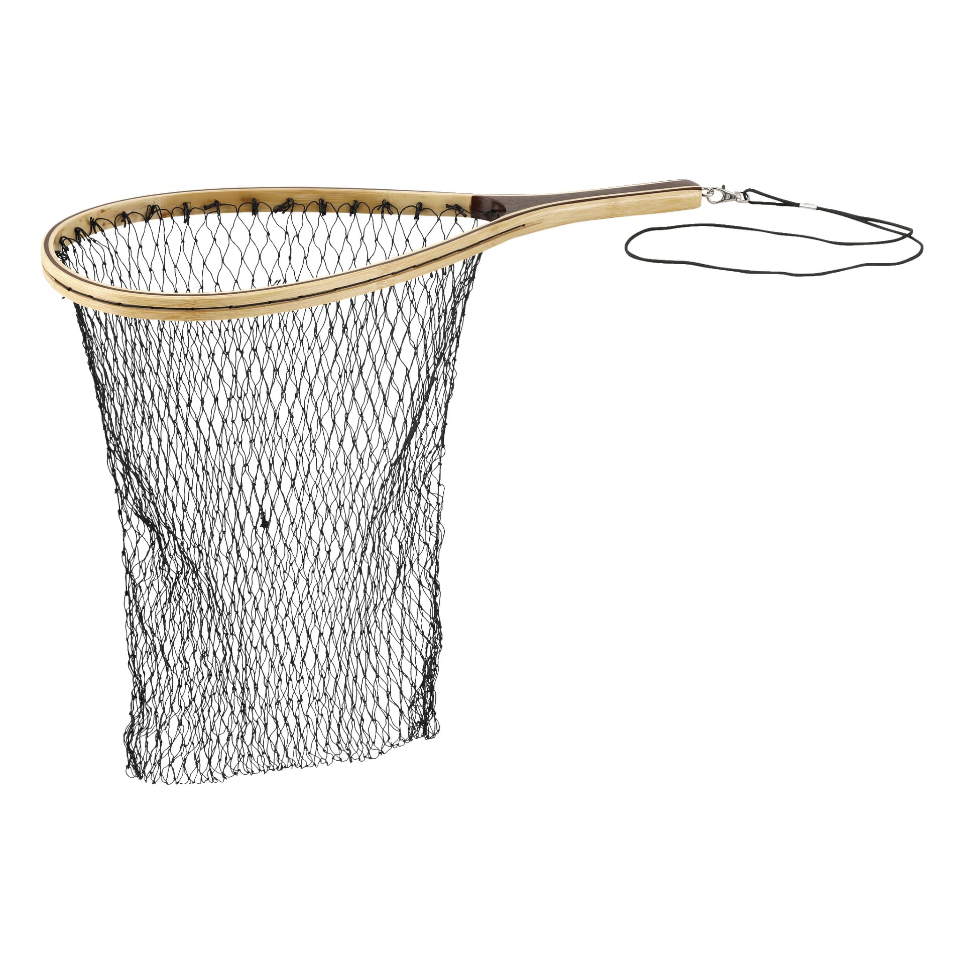 Kayoba Fishing Net har ett trähandtag, djupt svart nät och ett fastsatt handledsband.