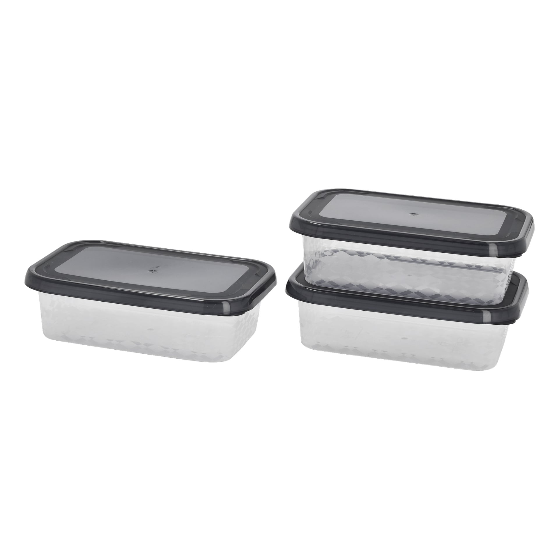 Tre Menuett-lunchlådor, var och en rektangulär med transparenta plastsidor och svarta lock. Till höger är två behållare staplade ovanpå varandra; Till vänster står en ensam behållare. Alla har en svag texturerad design längs sidorna.