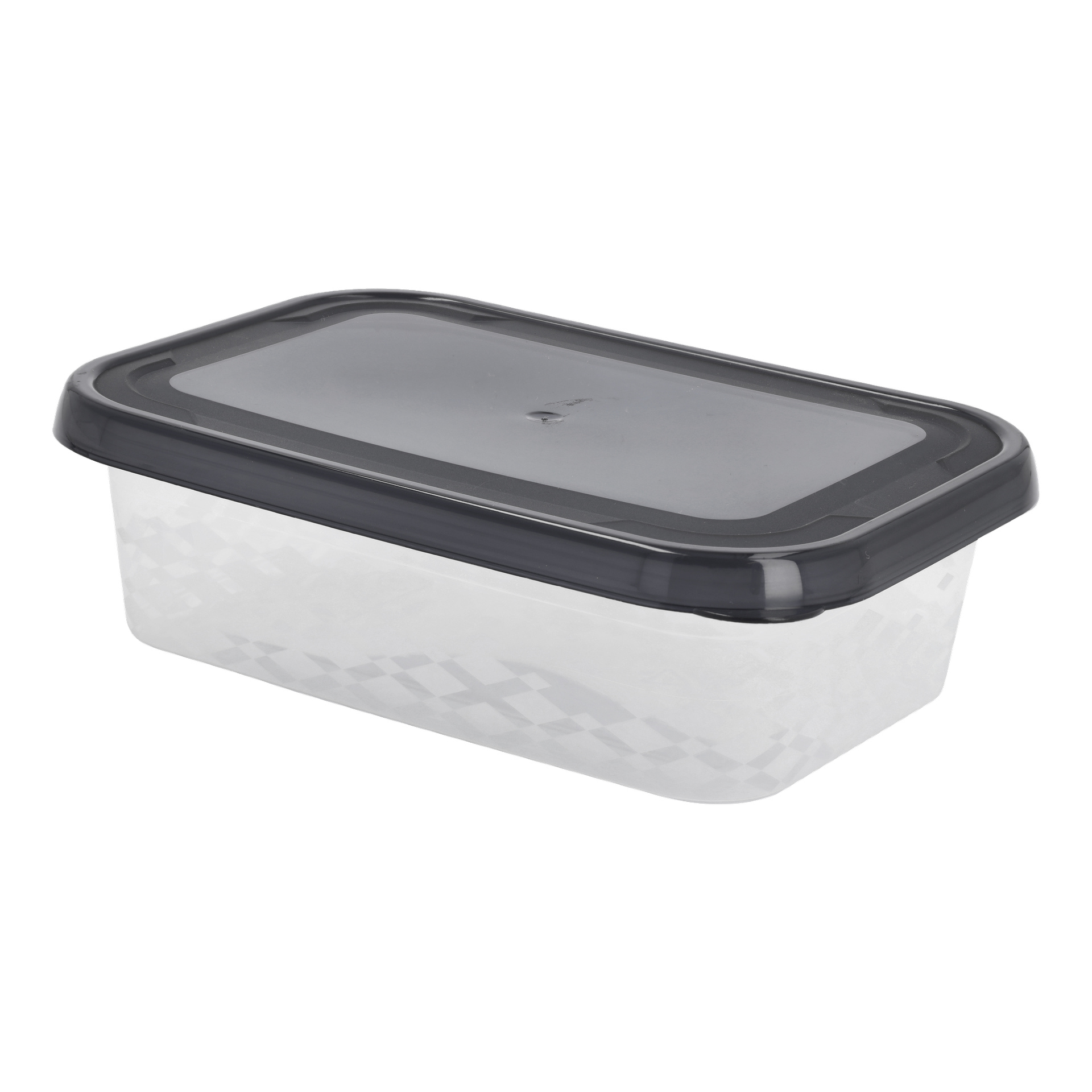 Ett Menuett Lunchbox 3-paket med rektangulära, genomskinliga plastmatbehållare med svarta snap-on-lock visas tomt.