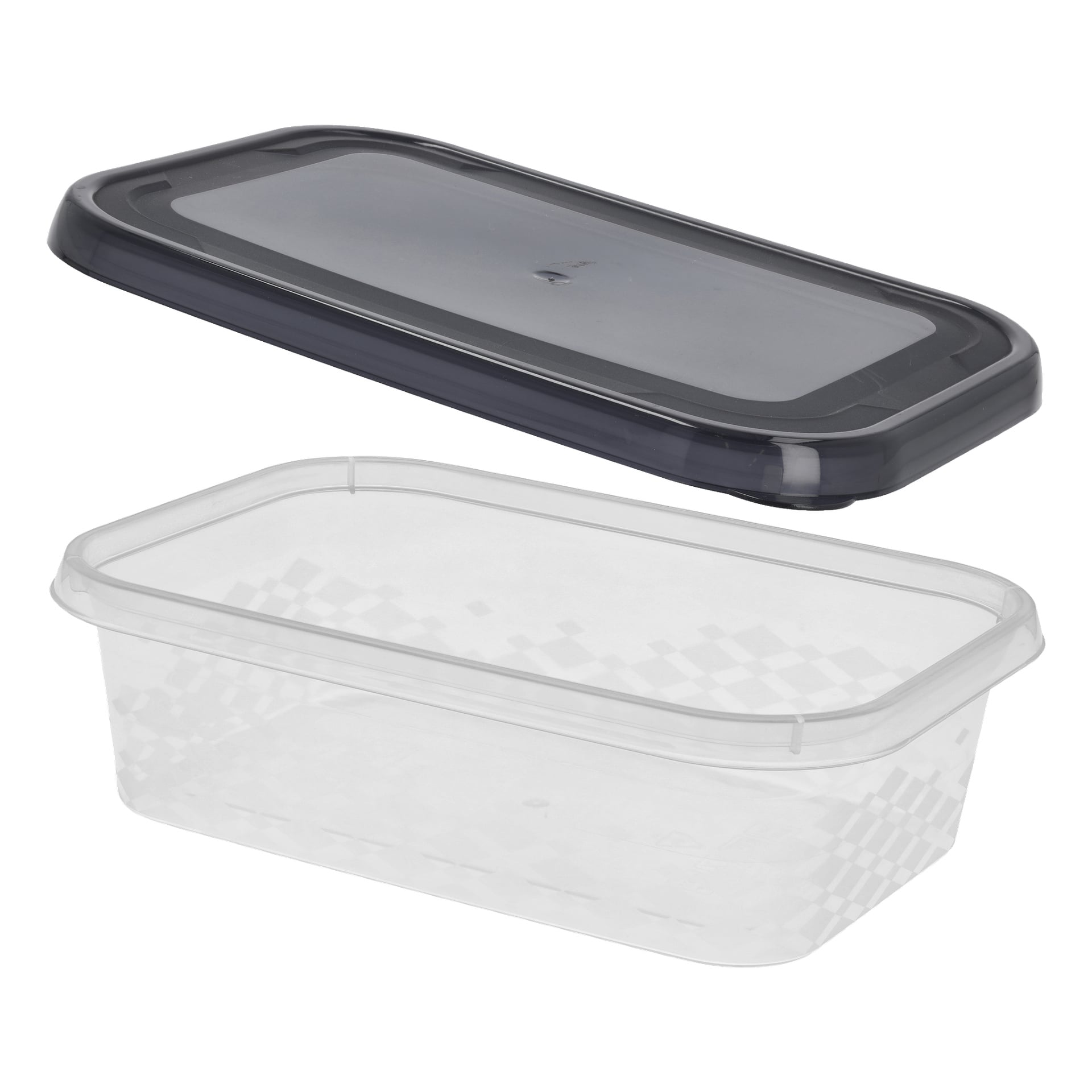 En transparent rektangulär plastbehållare från Menuett Lunchbox 3-packet, med rutig sidodetaljer och ett mörkgrått lock ovanpå.