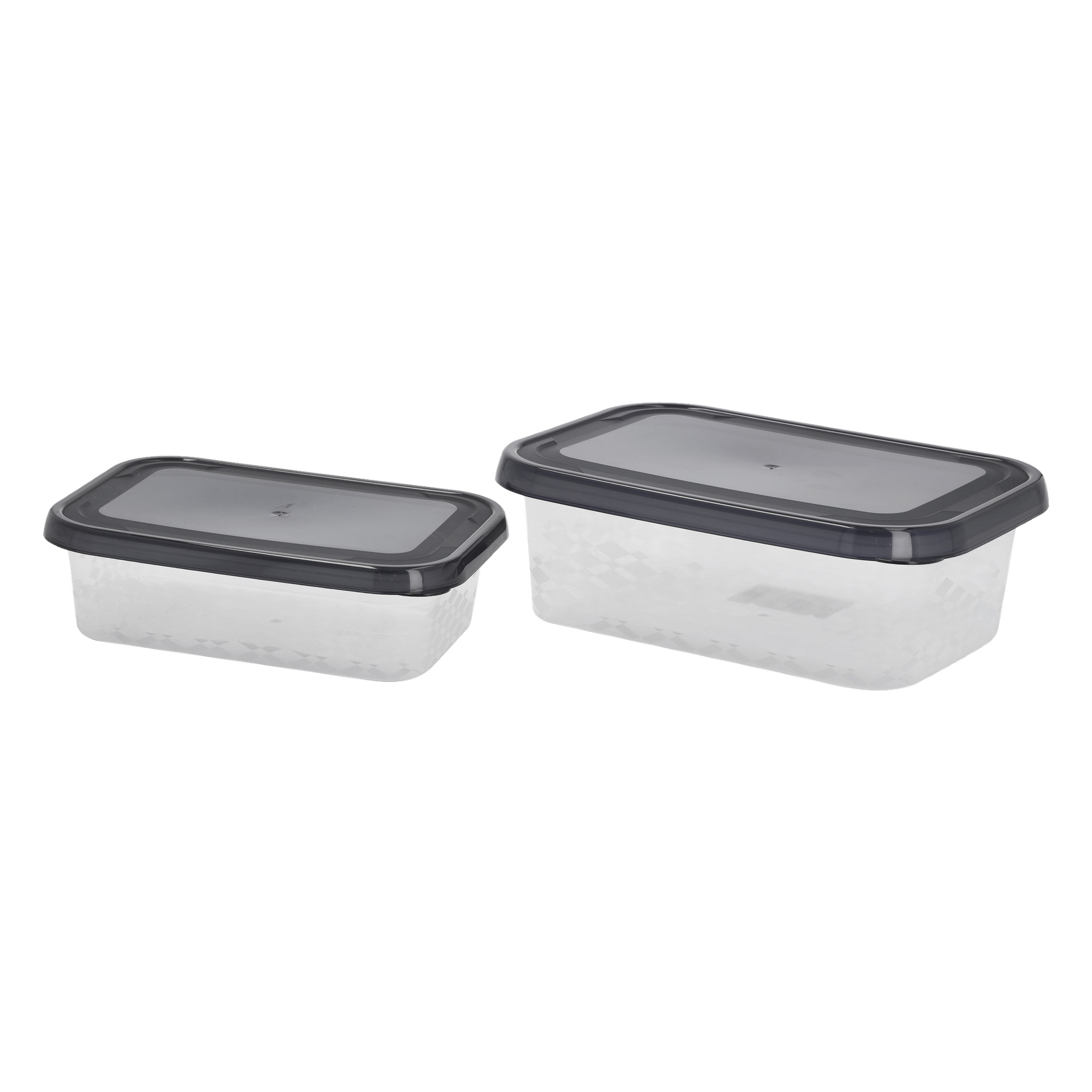 Ett par genomskinliga plastbehållare från Menuett Lunchbox med svarta lock står bredvid varandra. Den vänstra behållaren är mindre, medan den högra är större. Båda har ett svagt rutnät längs sidorna.