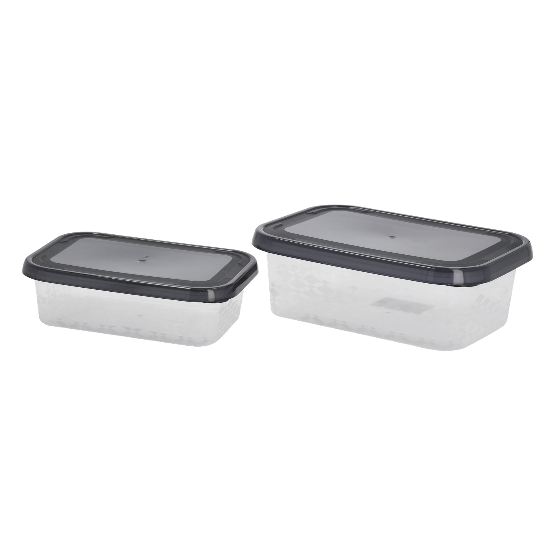 Ett par genomskinliga plastbehållare från Menuett Lunchbox med svarta lock står bredvid varandra. Den vänstra behållaren är mindre, medan den högra är större. Båda har ett svagt rutnät längs sidorna.