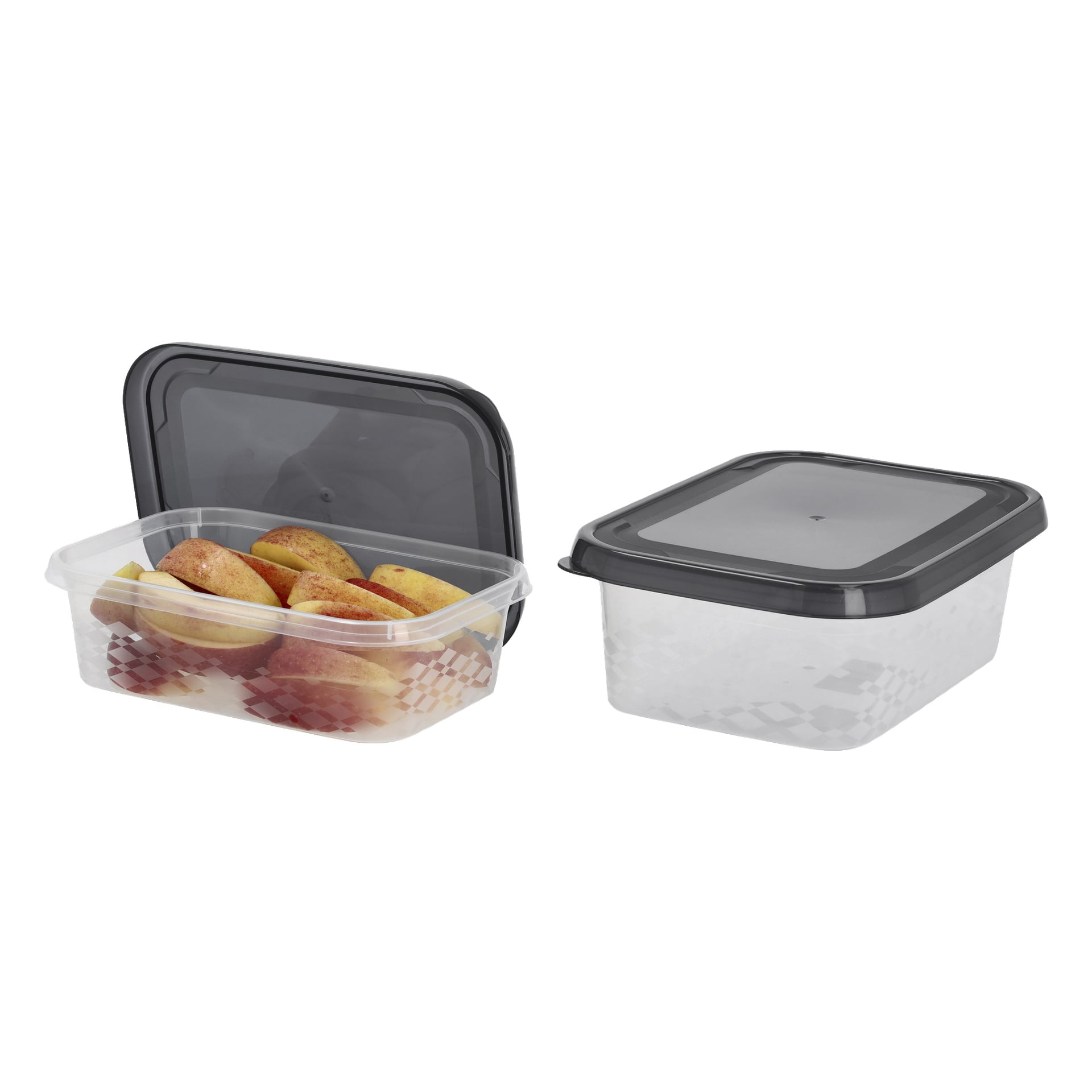 Menuett Lunchbox 2-packet innehåller två genomskinliga plastbehållare med svarta lock; en är öppen och innehåller skivade äpplen, medan den andra förblir stängd och är tom.