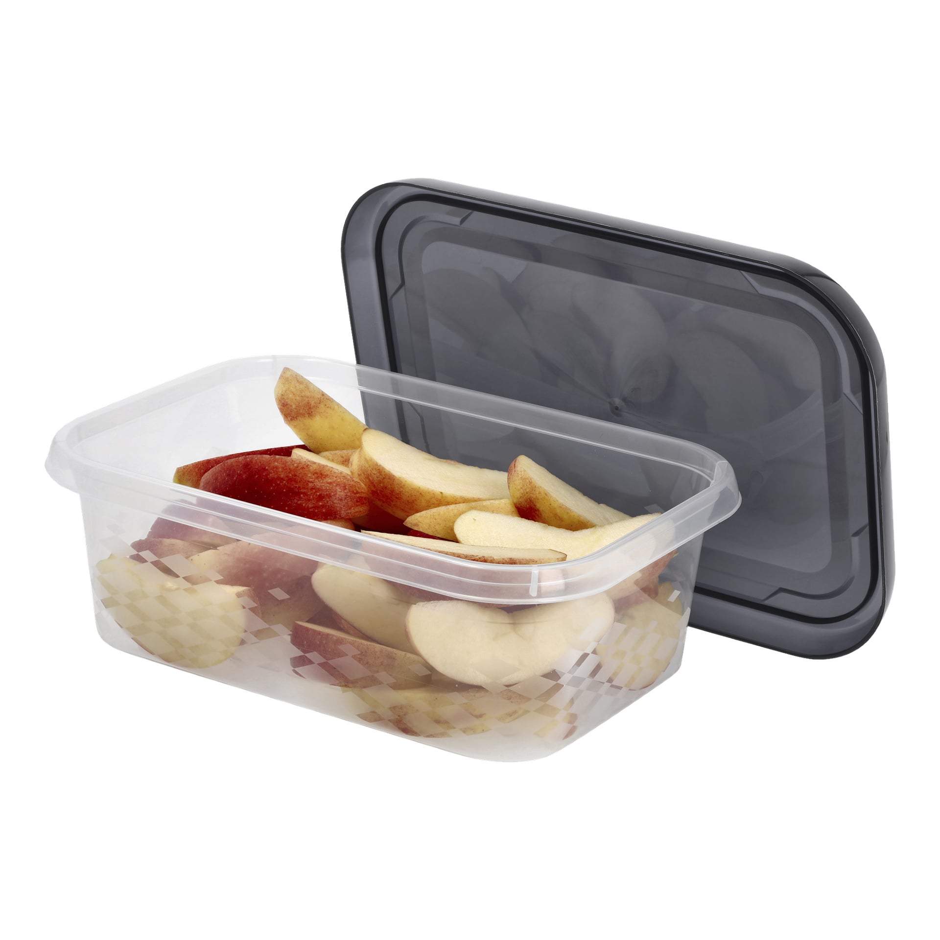 En klar Menuett-lunchlåda, fylld med skivade röda äpplen, står med sitt svarta lock bakom.