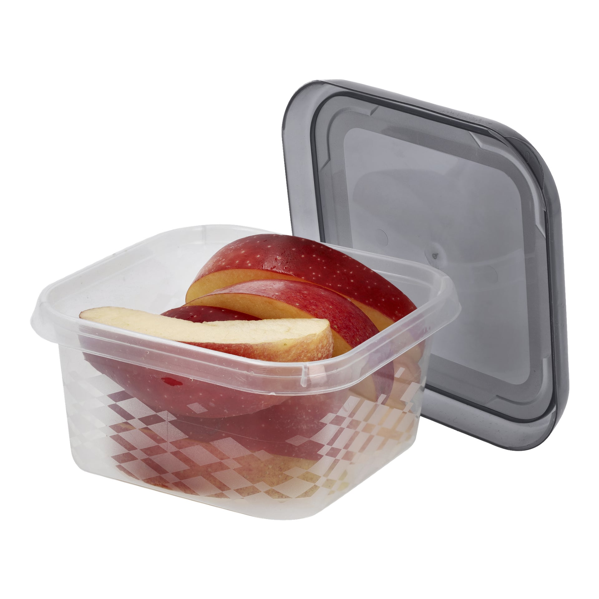 Menuett-lunchlådan fylld med prydligt arrangerade röda äppelskivor som visar både deras skal och inre vita fruktkött. Det grå locket vilar i närheten på en orörd yta.