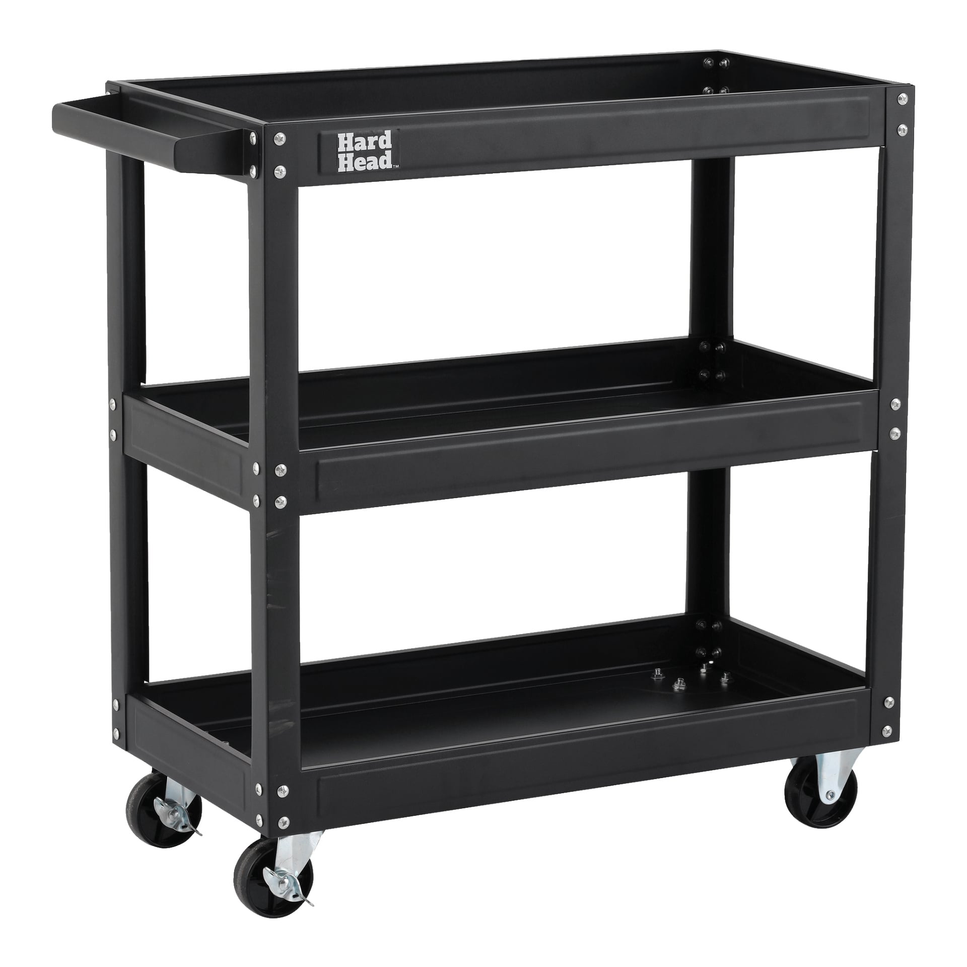 En svart metall Hard Head-trolley med tre hyller, et sidehåndtak og fire hjul. "Hard Head" står på øverste hylle, og trallen rommer ingenting.
