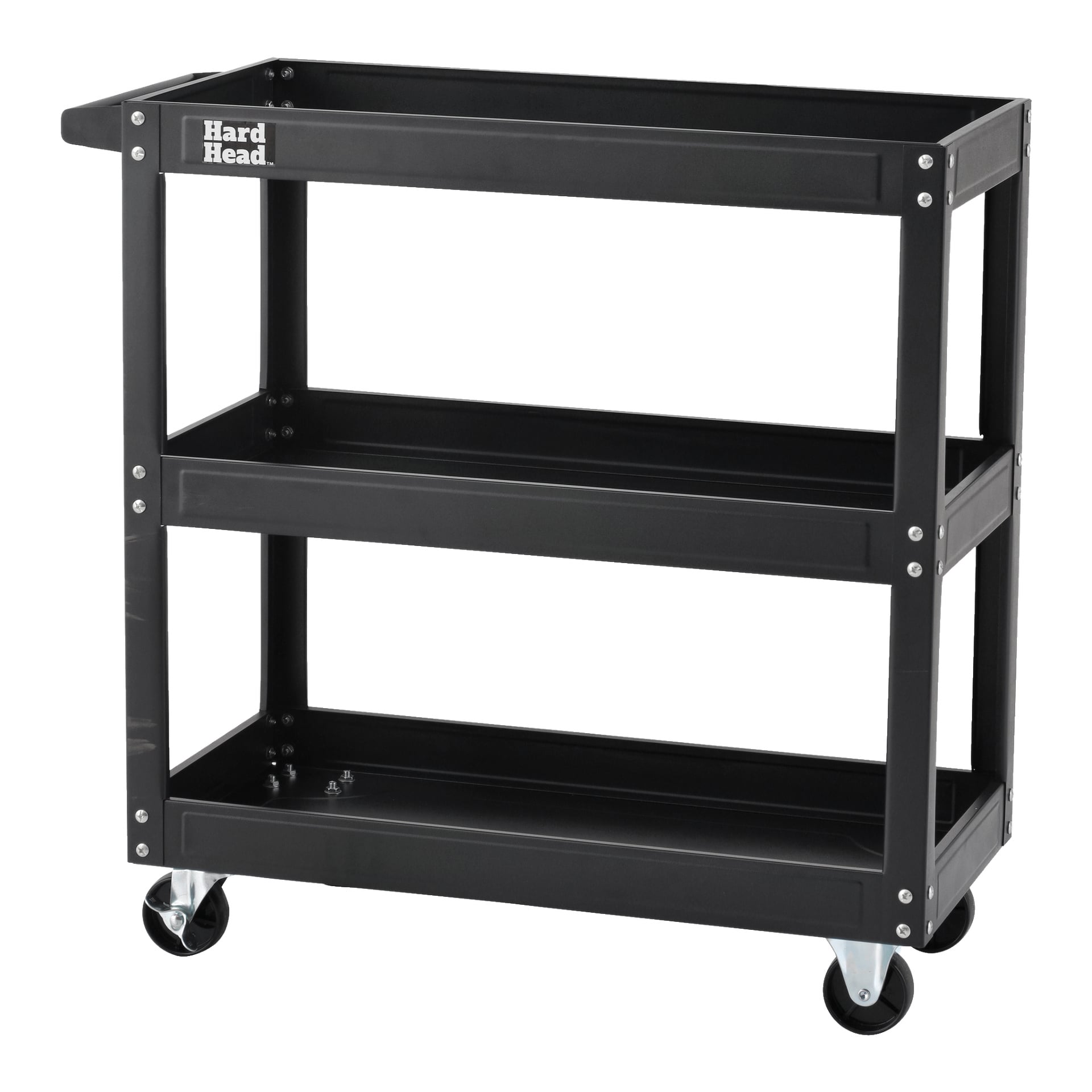 En svart Hard Head Trolley med tre öppna hyllor, en hållbar metallram och fyra hjul. Varumärket "Hard Head" visas uppe i vänstra hörnet. Vagnen är tom och placerad mot en enkel bakgrund.