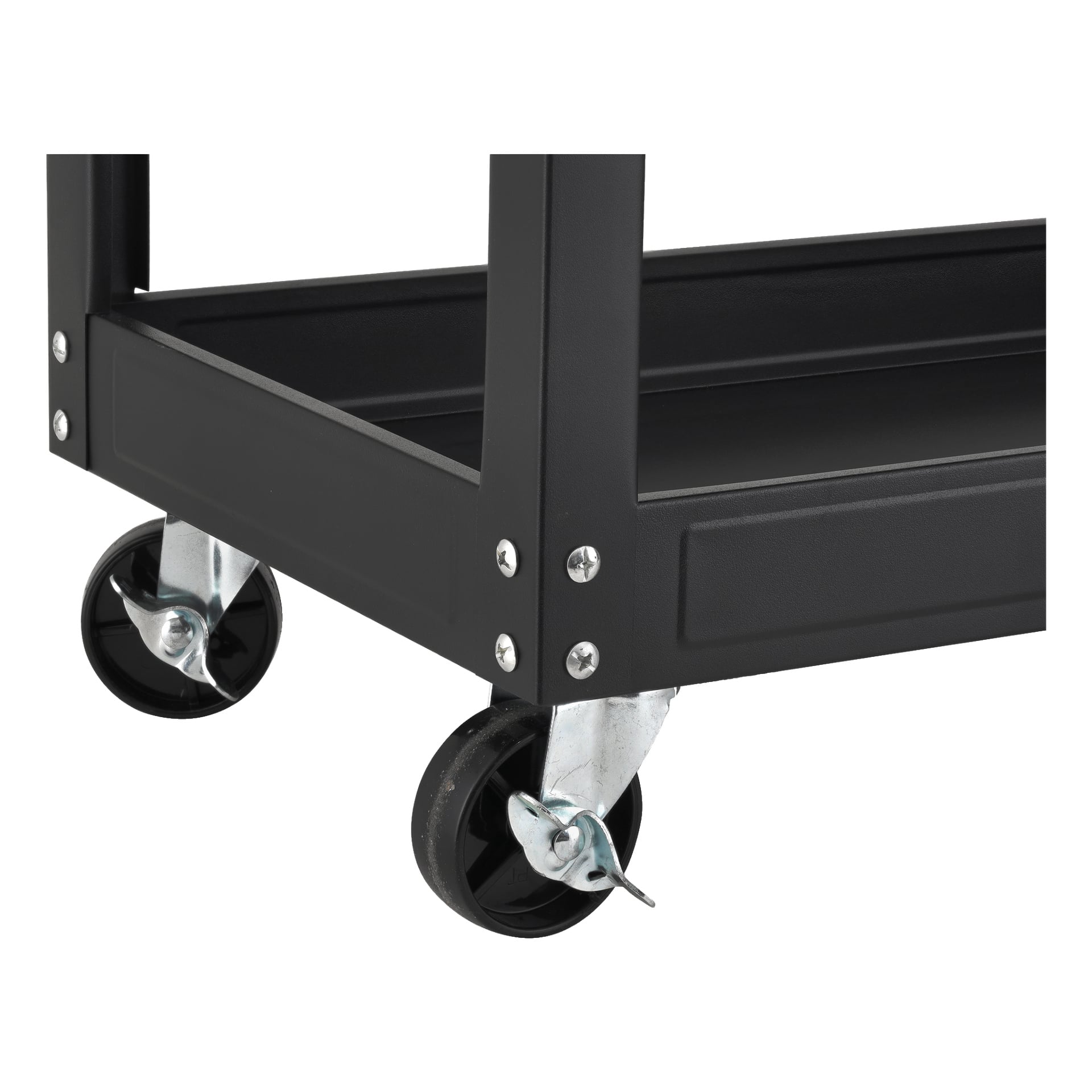 Detaljerad vy av Hard Head Trolleys nedre hörn, med fokus på två hjulhjul – varav ett utrustat med bromsspak – samt en del av hyllan som visar exponerade skruvar och sektioner av den svarta metallramen.