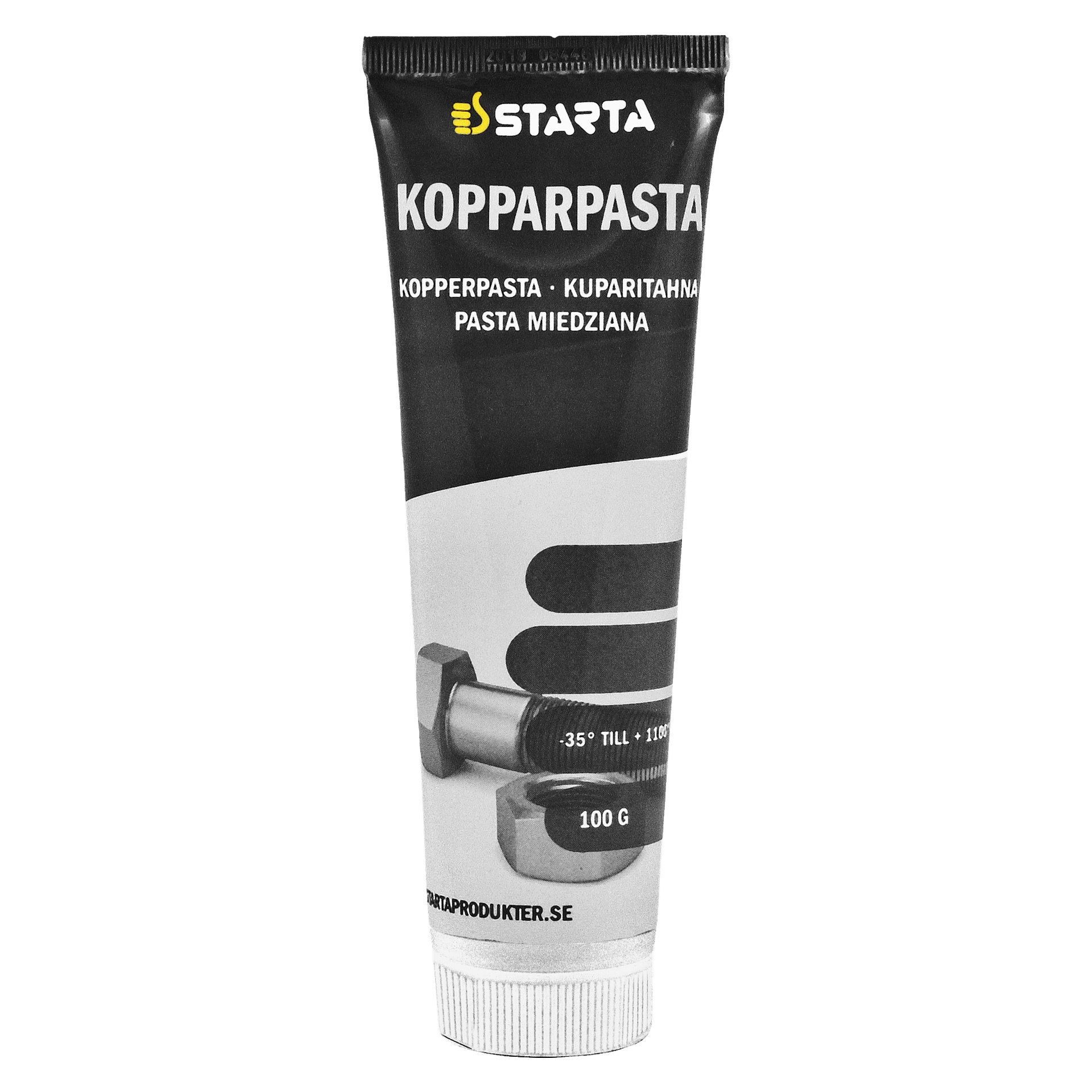 En 100 g tube med Starta Copper Paste med en etikett som viste produktinformasjon og en illustrasjon av en bolt dekket med kobberpasta, som indikerer dens allsidighet for flere bruksområder.