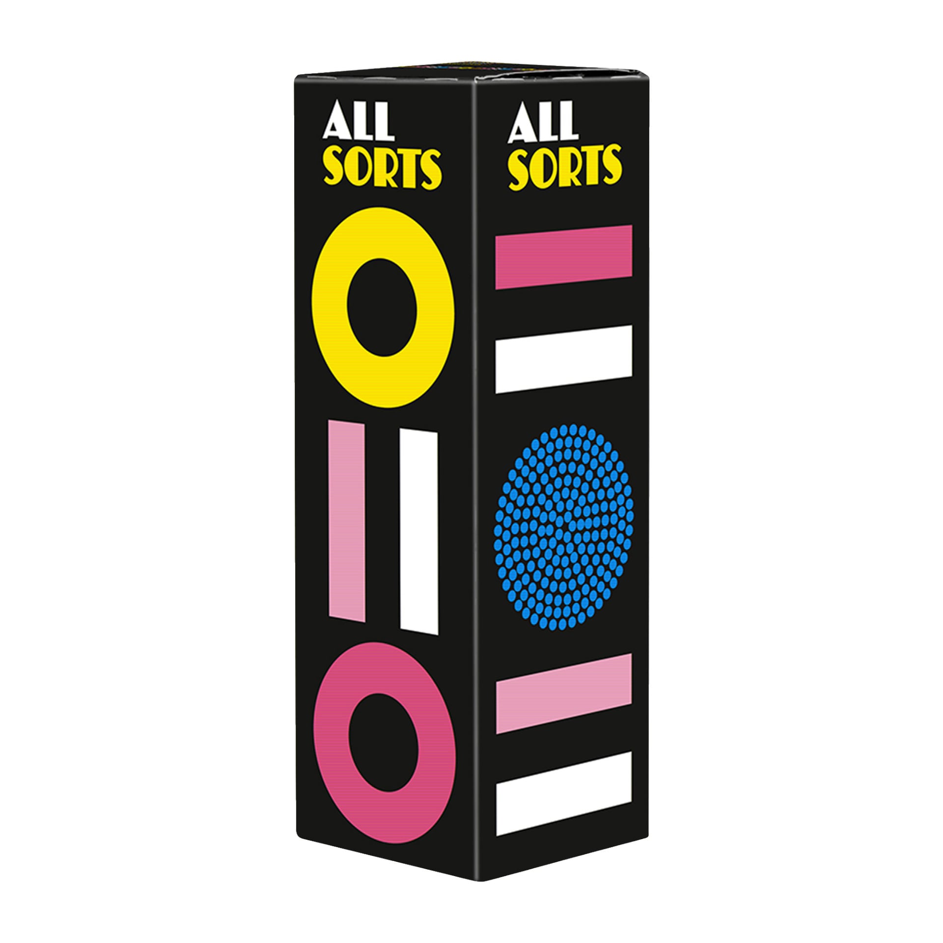 En rektangulär svart Malaco-låda märkt "Allsorts" visar färgglada geometriska mönster i gult, rosa, blått och vitt—såsom cirklar, rektanglar och blåprickiga mönster—på varje synlig yta.