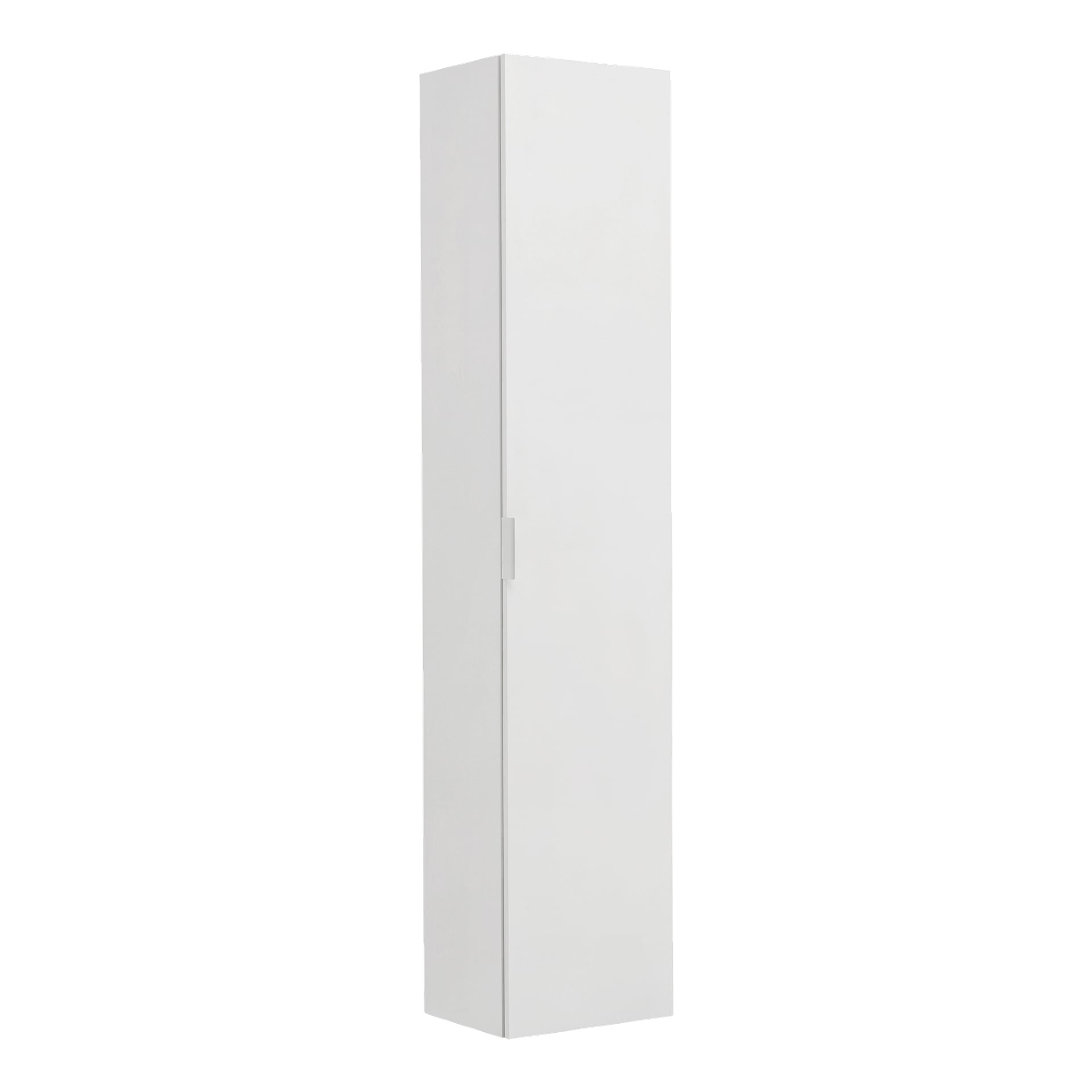 EKVIP Tall cabinet Girona är en smal, vit förvaringsenhet med en enda dörr och ett enkelt minimalistiskt handtag. Designen är ren och modern, utan synliga utsmyckningar eller extra detaljer.