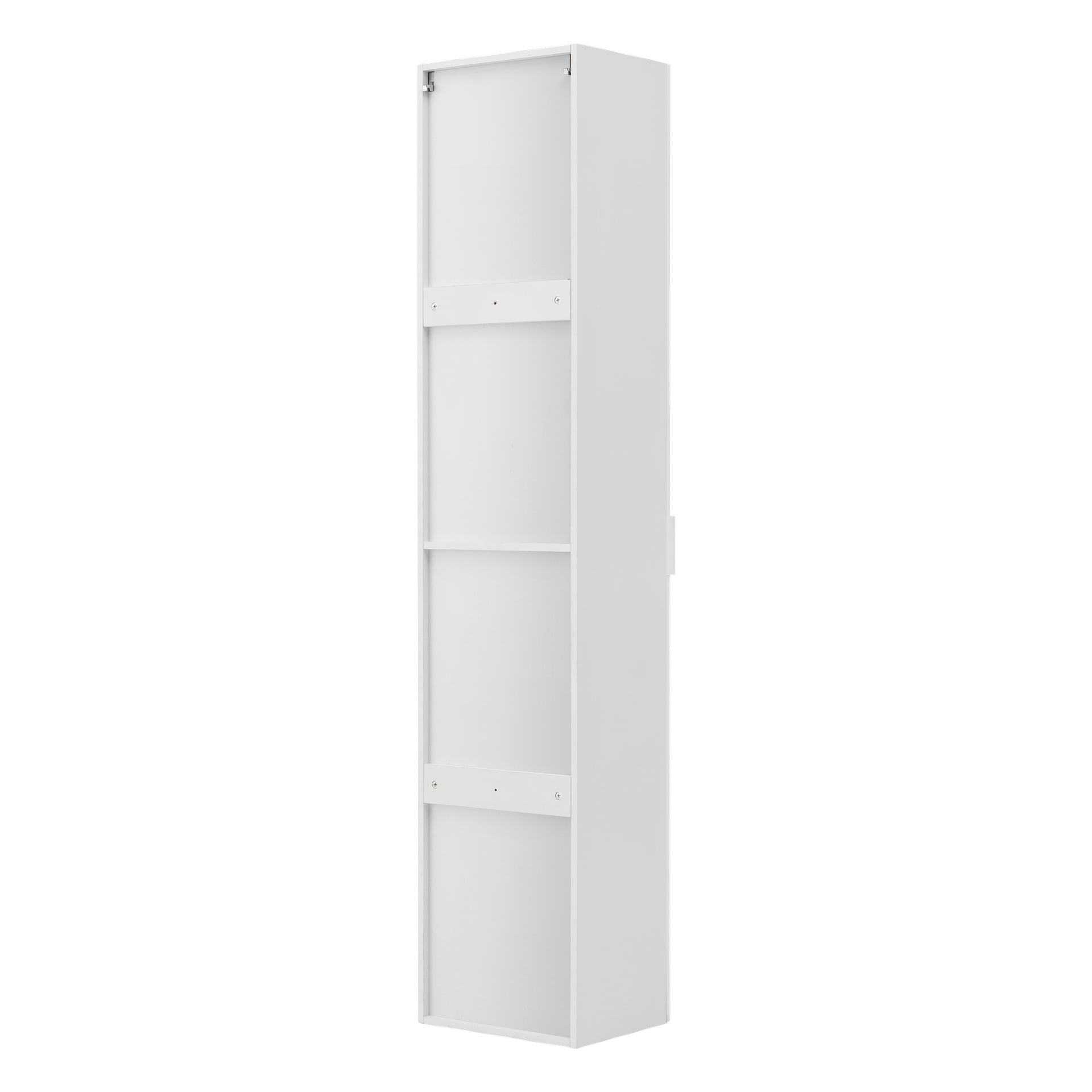 Baksidan av EKVIP Tall cabinet Girona visar en smal, vit rektangulär struktur med tre horisontella stödstänger och exponerade skruvar. Kabinettet behåller en enkel, minimalistisk stil utan några handtag eller dekorativa detaljer.