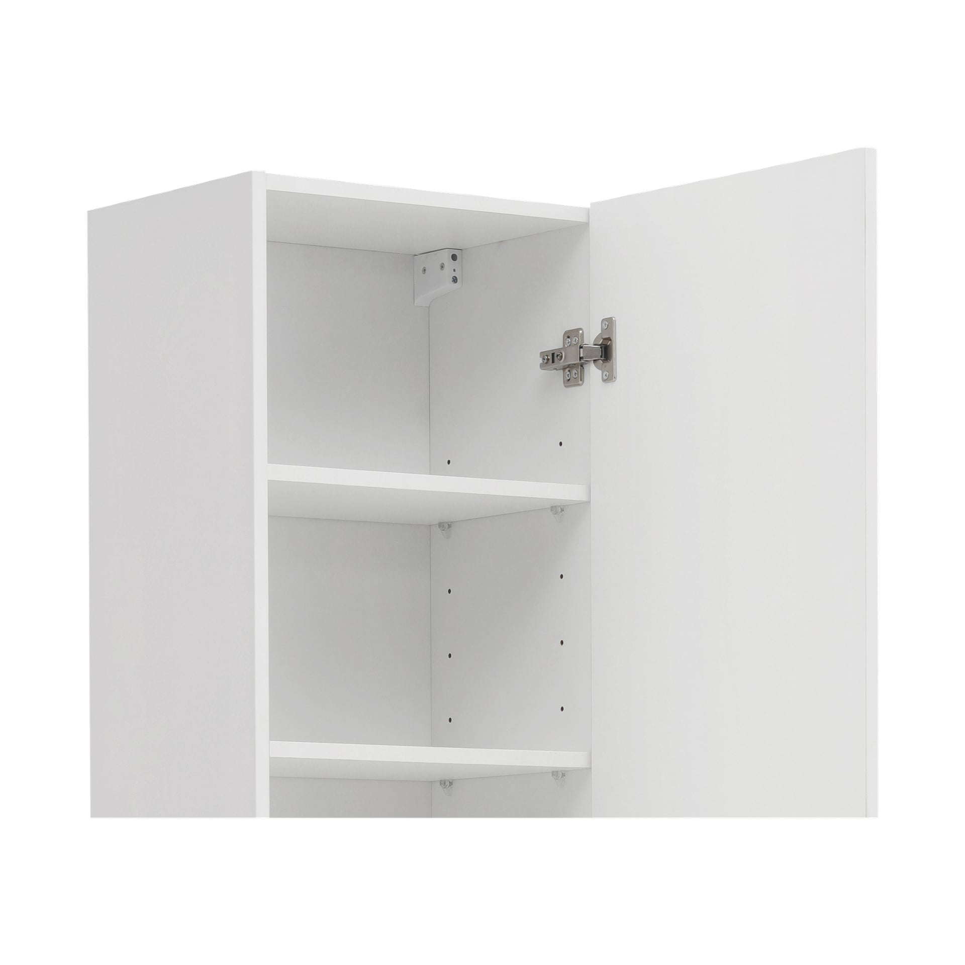 EKVIP Tall-skåp i Girona visas i en minimalistisk design med vit finish. Dörren är öppen och visar tre inre hyllor och justerbara hyllhål. Dörren är fäst med ett metallgångjärn.