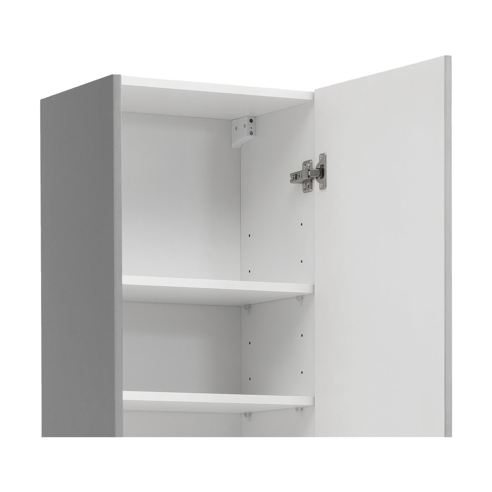 EKVIP Tall cabinet Palermo är en vit, rektangulär förvaringsenhet med två inre hyllor och en öppen dörr som visar ett metallgångjärn. Dess design kännetecknas av enkla, avskalade linjer.