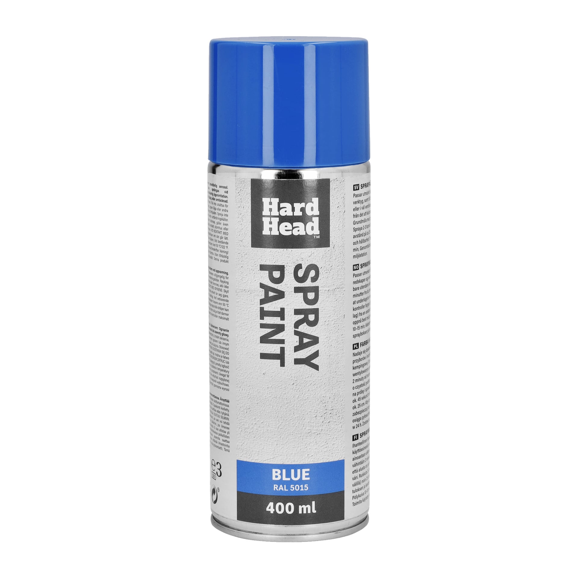 En 400 ml Hard Head sprayburk med blå lock, märkt "SPRAY PAINT" och "BLUE RAL 5015." Förpackningen visar text och användningsanvisningar.