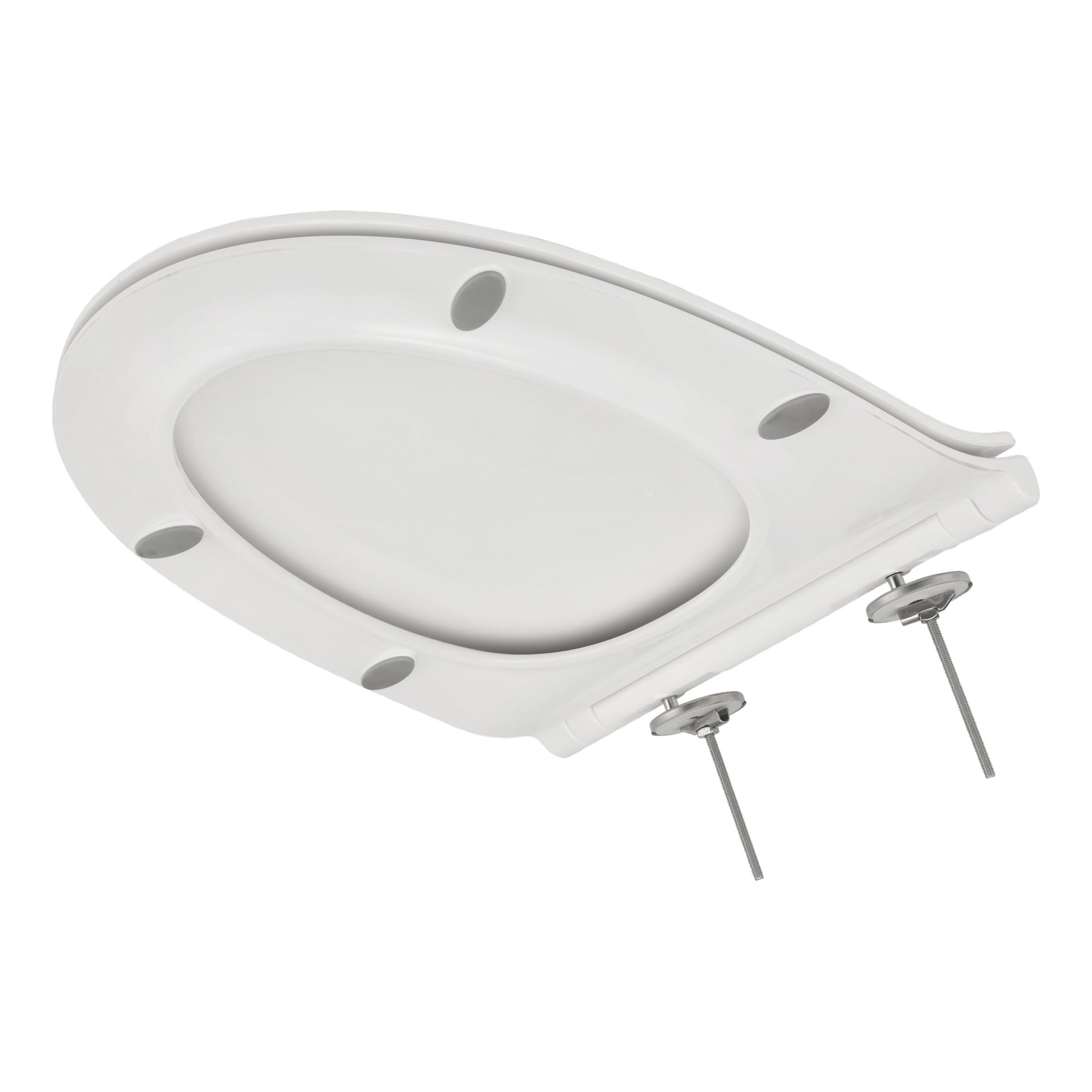 EKVIP toalettsitsen är avbildad upp och ner, vilket avslöjar dess vita plastkropp, grå pads och två metallbultar för montering.