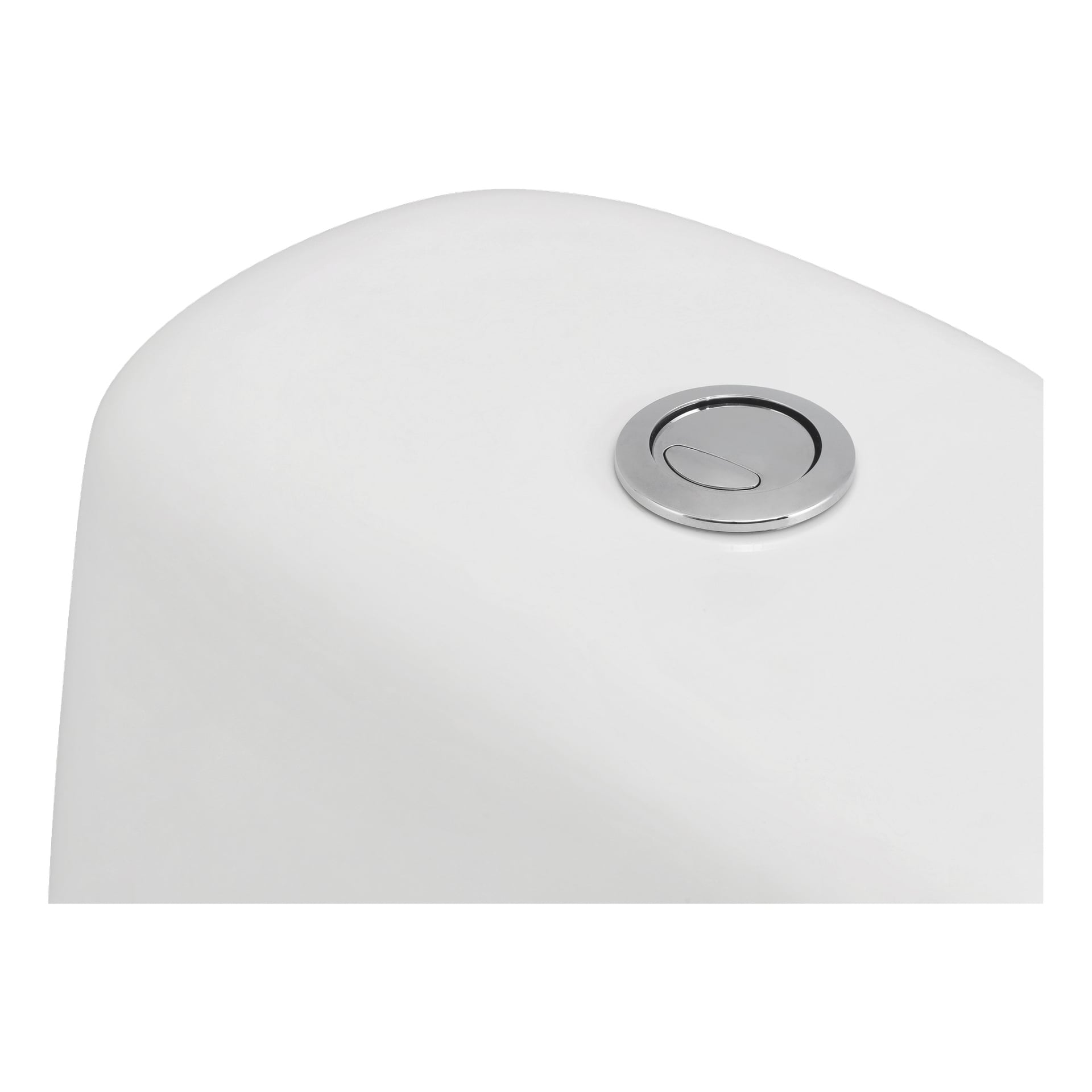 Närbild på EKVIP Toilet:s vita tank, med en blank kromad dubbelspolknapp. Den minimalistiska bakgrunden betonar den strömlinjeformade, samtida looken på infällningsmekanismen.
