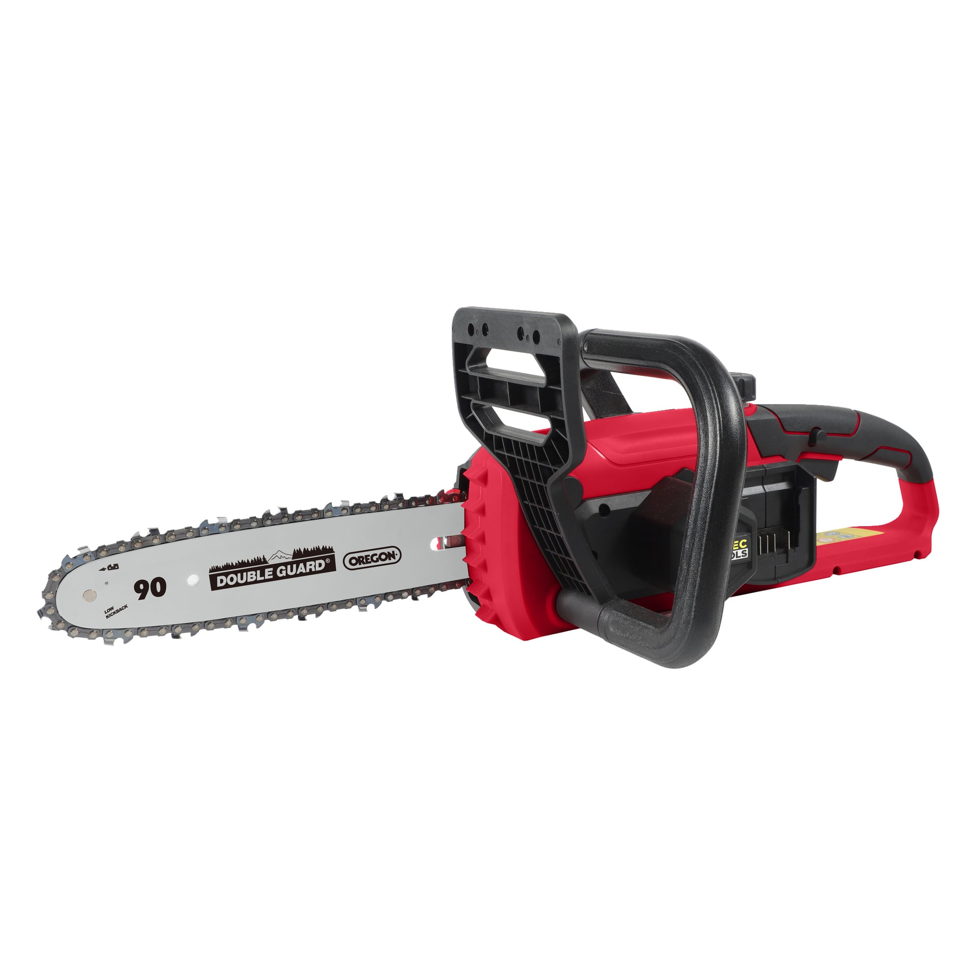 En röd och svart Meec Tools Multiseries CS-18V HOME 500 batteridriven motorsåg med synligt kedjeblad, sidohandtag och batterifack. Bladet har etiketterna "Double Guard" och "Oregon".