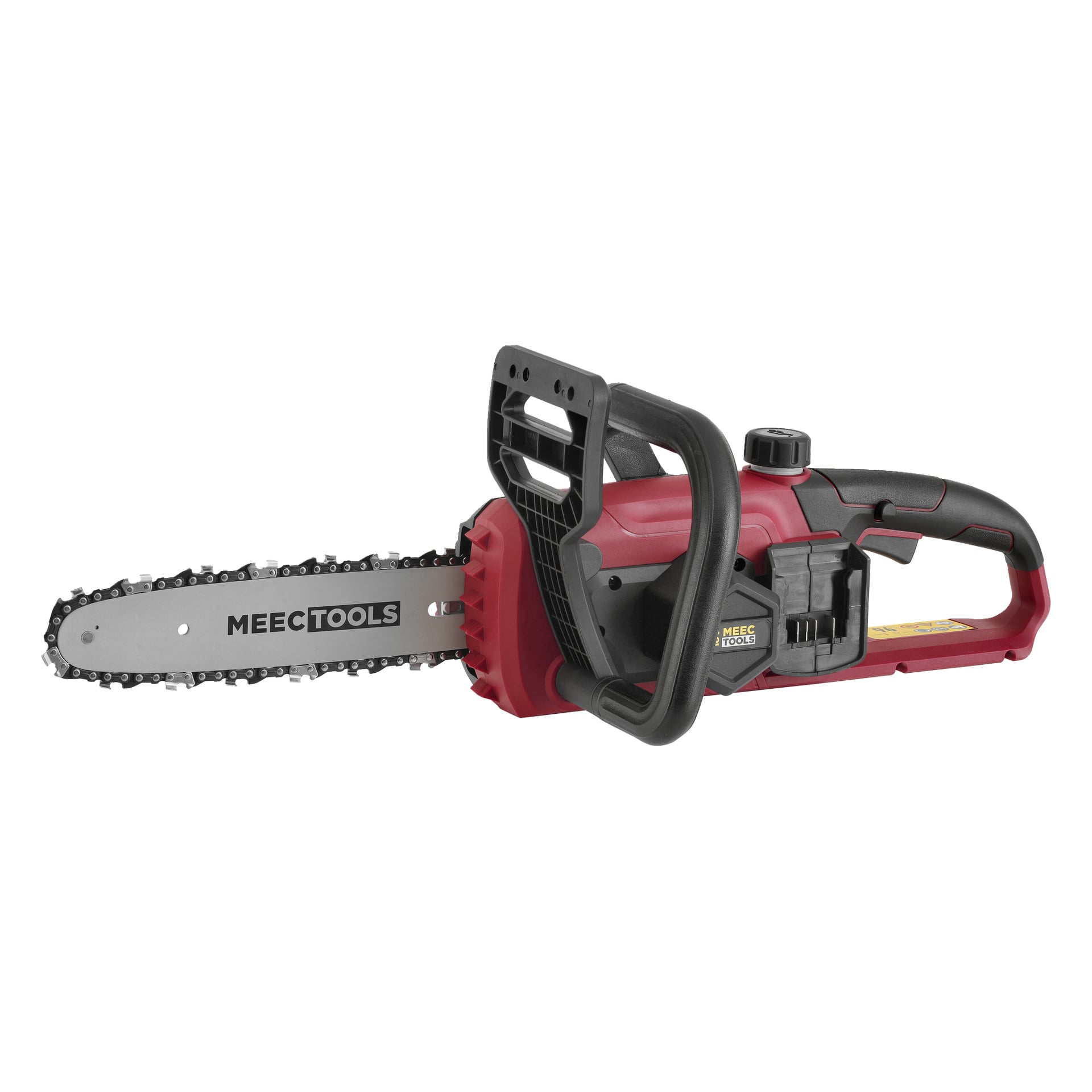Eine rot-schwarze batteriebetriebene Meec Tools Multiseries Kettensäge ist zu sehen, wobei die CS-18V HOME 500 deutlich auf dem Werkzeug sichtbar ist. Das Design umfasst vordere und hintere Griffe, einen Sicherheitsschutz und eine freiliegende Kette entlang der Schneidestange.