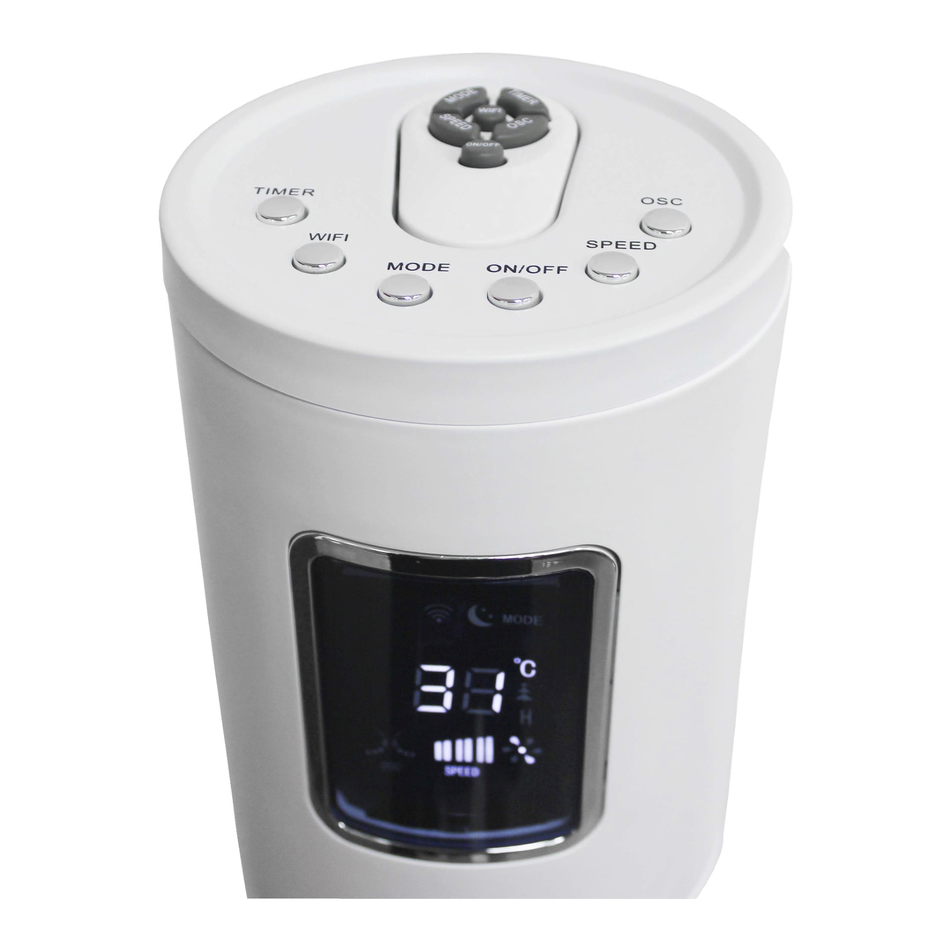 En närbild på en Anslut Tower-fläkt, en slank vit enhet med en digital display som visar "31°C" och flera knappar på topppanelen för timer, WiFi, läge, på/av, oscillation och hastighet.