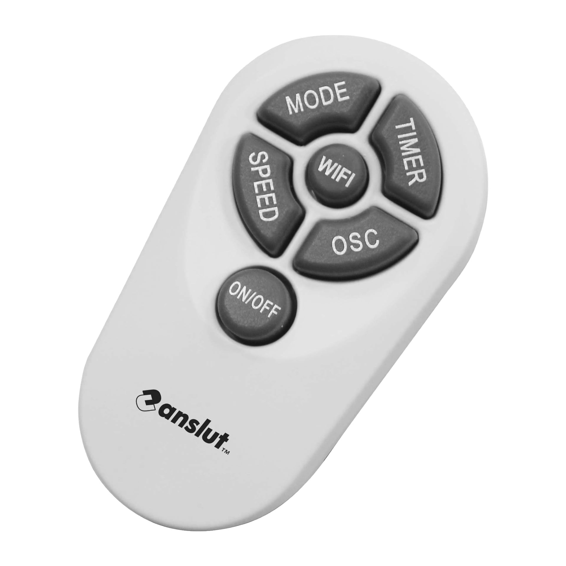 En vit fjärrkontroll för Anslut Tower-fläkten med sex mörkgrå knappar—LÄGE, TIMER, HASTIGHET, OSC, WIFI och PÅ/AV—arrangerade i en cirkel. Anslut-logotypen syns på fjärrkontrollen.