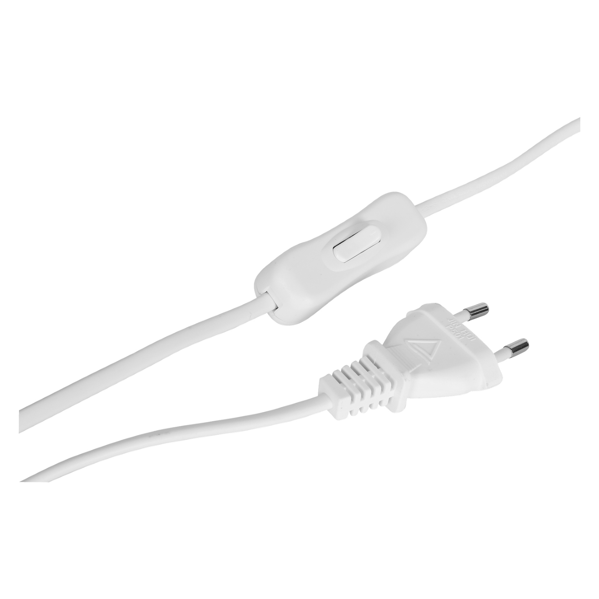 Ein weißer europäischer zweipoliger Stromstecker, der mit einem passenden Kabel und einem Inline-Kippschalter verbunden ist, Teil eines EKVIP Large LED Advent-Kerzenhalters.