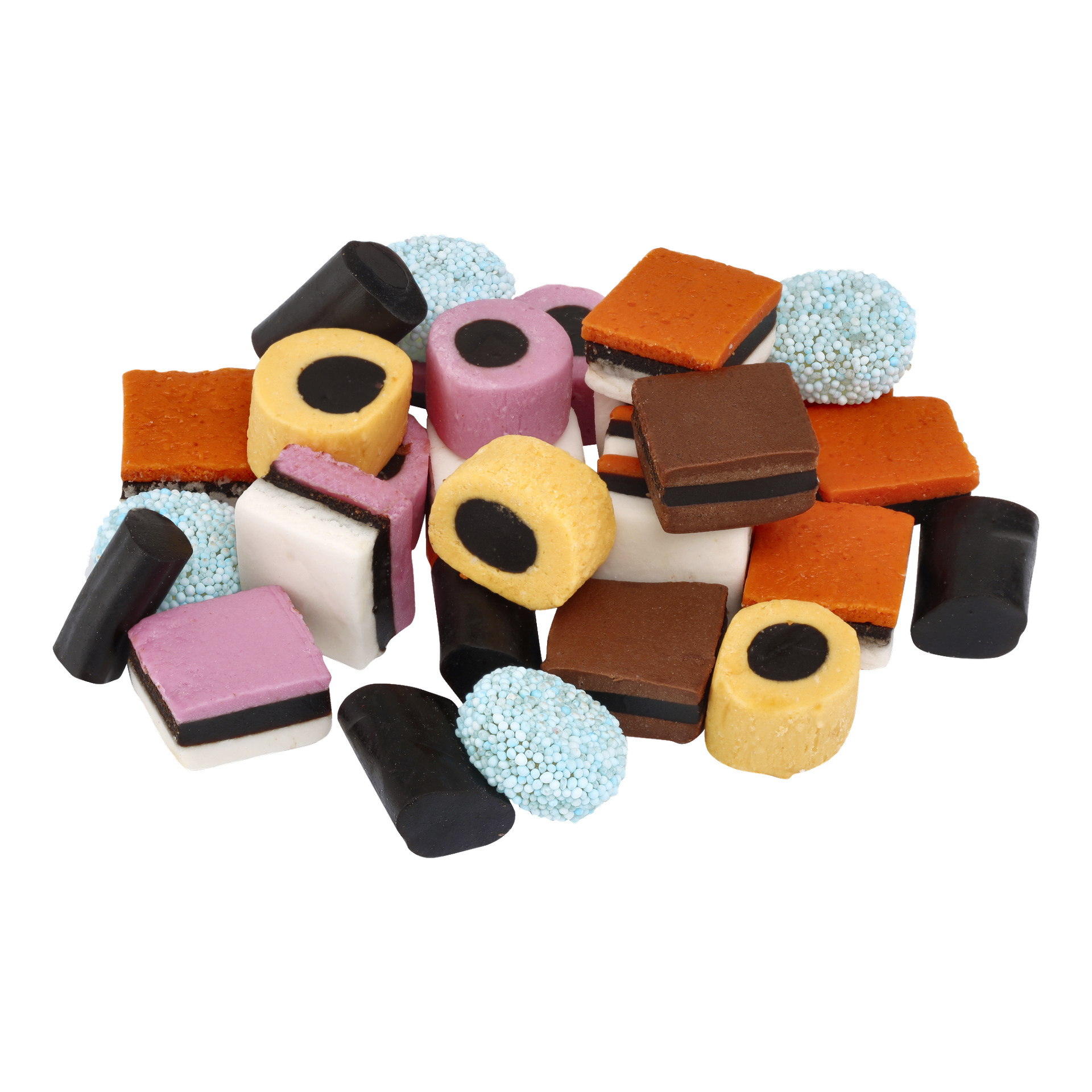 En hög med Malaco Allsorts lakritsgodis i olika former och lager, med livfulla färger som rosa, gul, orange, brun, vit, svart och blå.