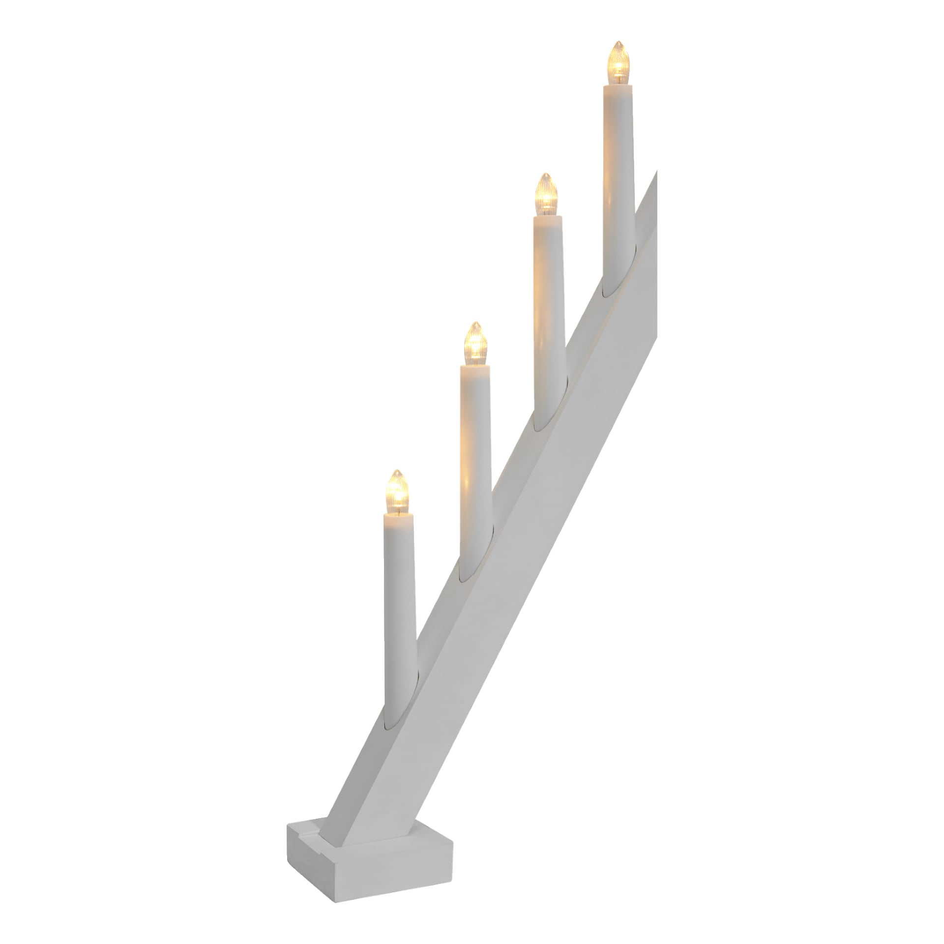 EKVIP Large LED adventsljusstake visar upp en vit träram med en lutande design, som rymmer fyra jämnt fördelade elektriska ljus. Varje ljus har en tänd LED-lampa på toppen, och alla är placerade i en stigande sekvens längs den rektangulära basen.