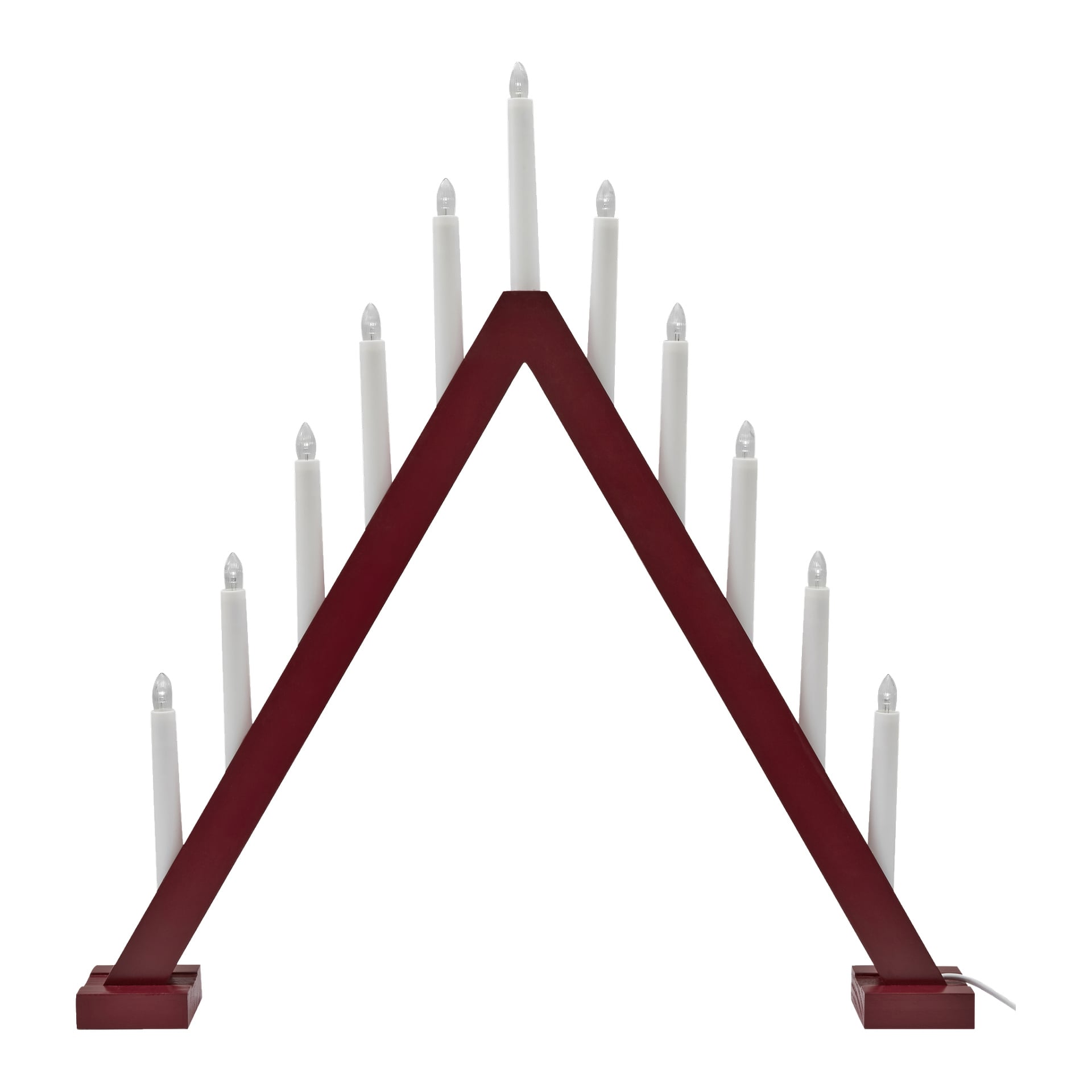 Der große LED-LED-Adventskerzen EKVIP hat einen roten Holzsockel mit sieben weißen elektrischen Kerzen, die in einem Dreieck angeordnet sind.