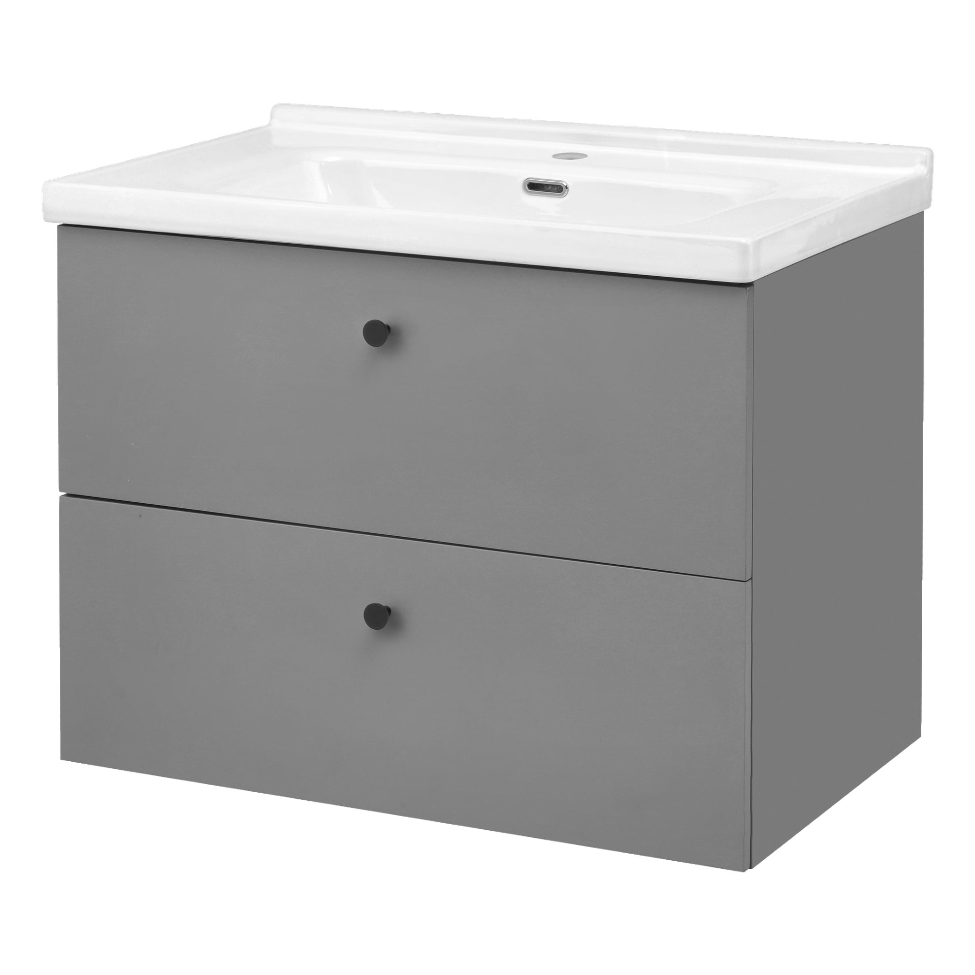 EKVIP badrumsset Palermo visar upp en minimalistisk, modern stil med grå exteriör, två lådor accentuerade av små runda svarta handtag och en sömlös vit handfat integrerad ovanpå.