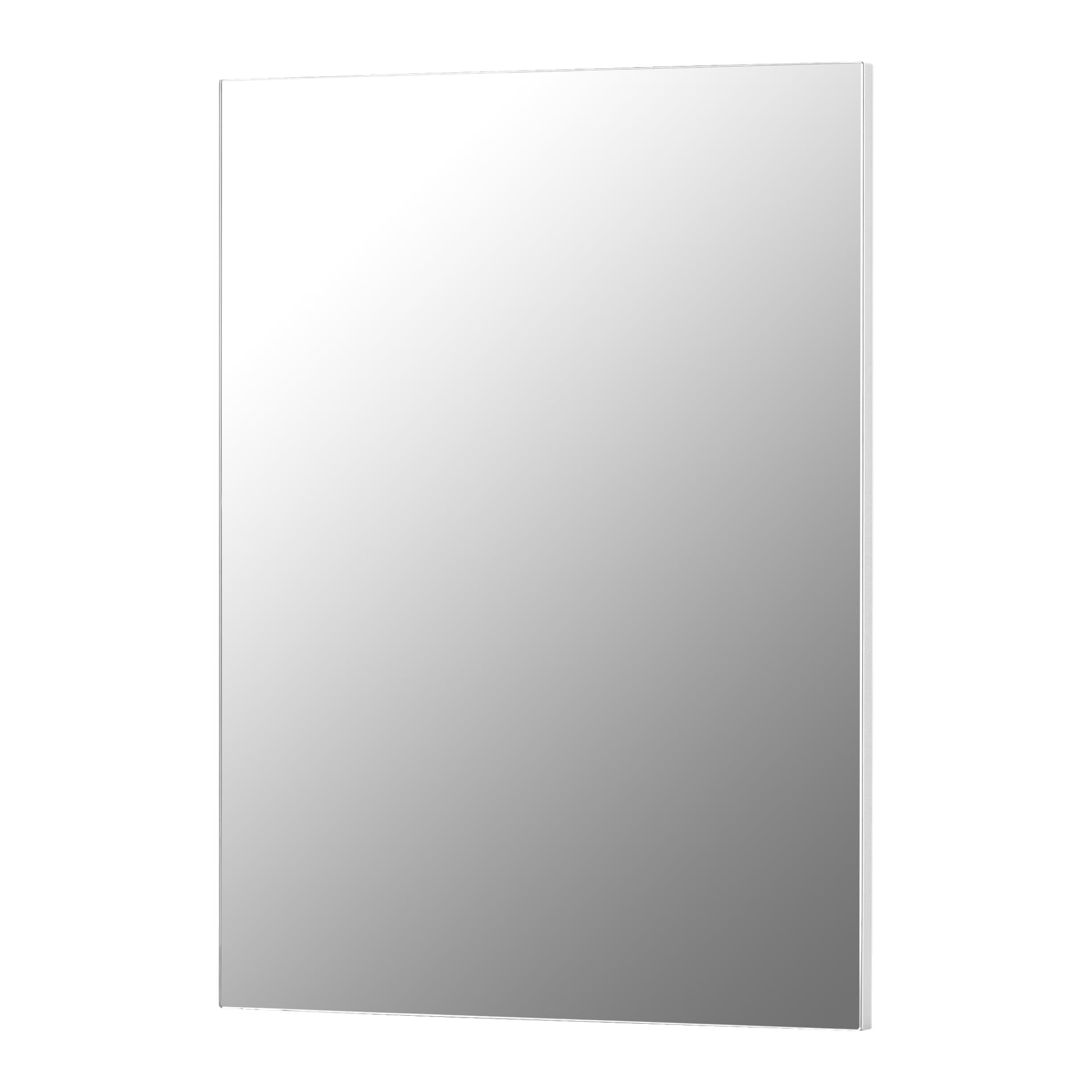 Ein rahmenloser, rechteckiger Spiegel aus dem EKVIP Badezimmer-Set ist an einer Wand angebracht und reflektiert dezentes Licht im oberen linken Bereich. Sie sitzt in einem sanften Winkel und zeigt einen allmählichen Übergang von Licht zu Dunkelheit auf ihrer Oberfläche.
